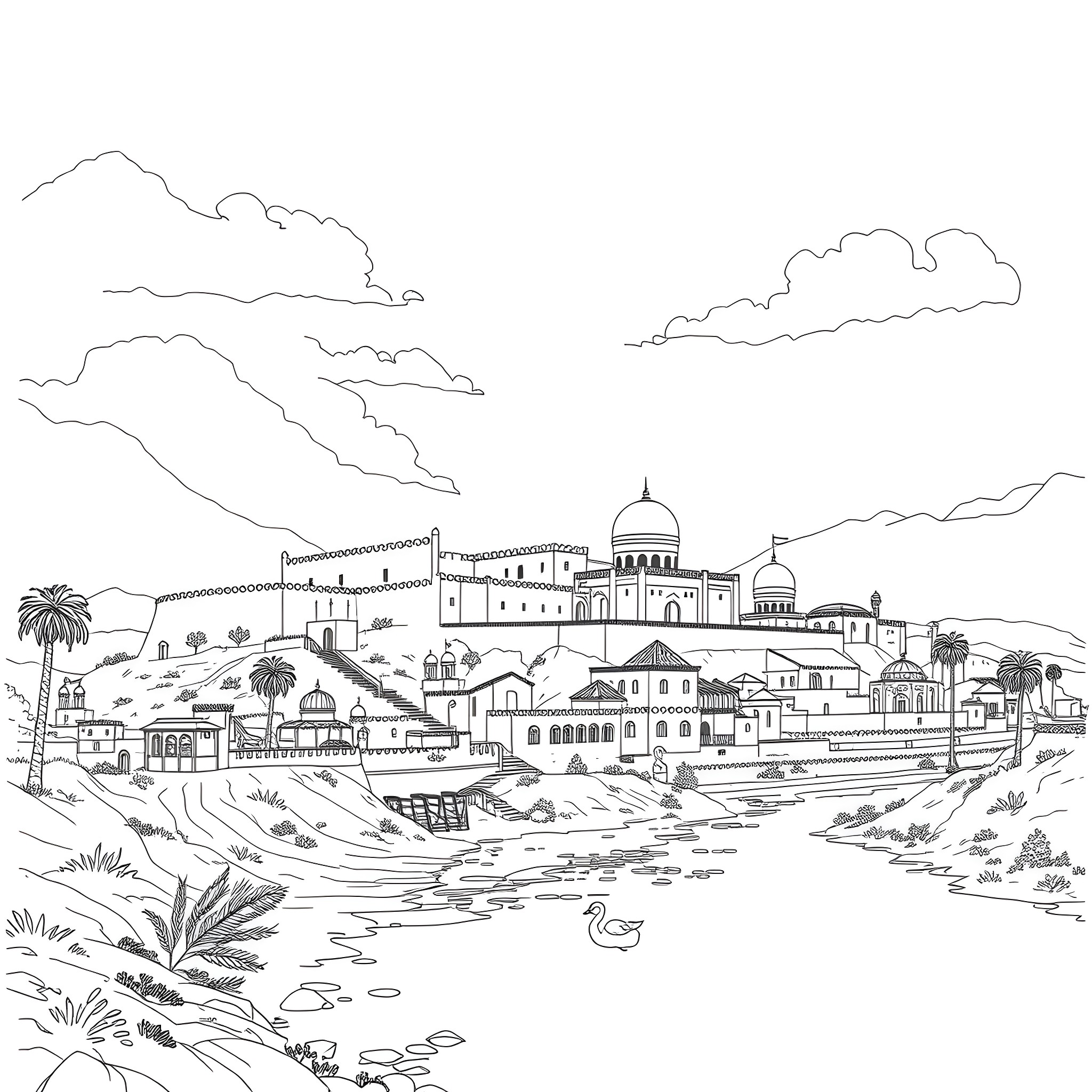 Ctesiphon: Ancient Mesopotamian City Skyline Coloring Page (free black-and-white line drawing printable PDF for all, from beginners to advanced learners, including children, teens, adults, and seniors)