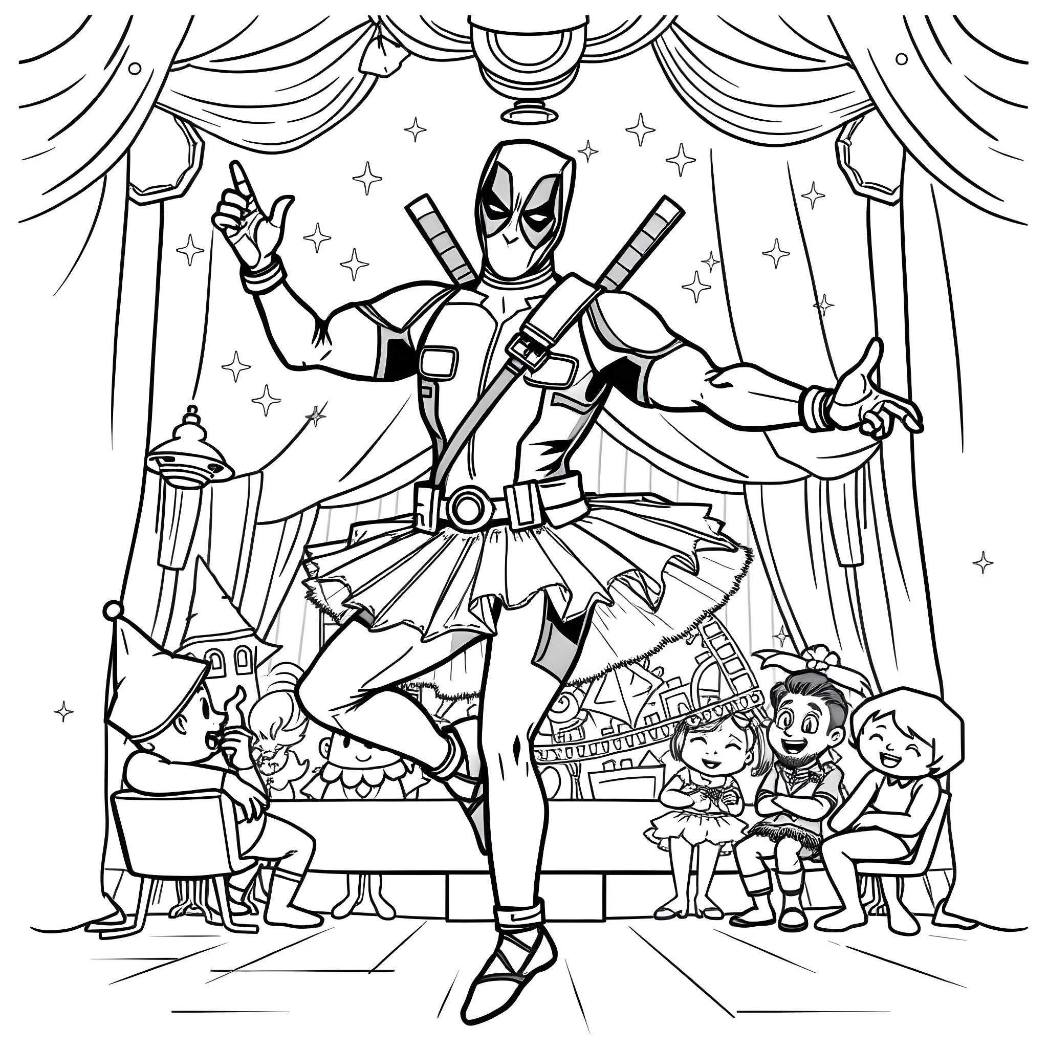 Deadpool's Theatrical Performance with Children Coloring Page (free black-and-white line drawing printable PDF for all, from beginners to advanced learners, including children, teens, adults, and seniors)