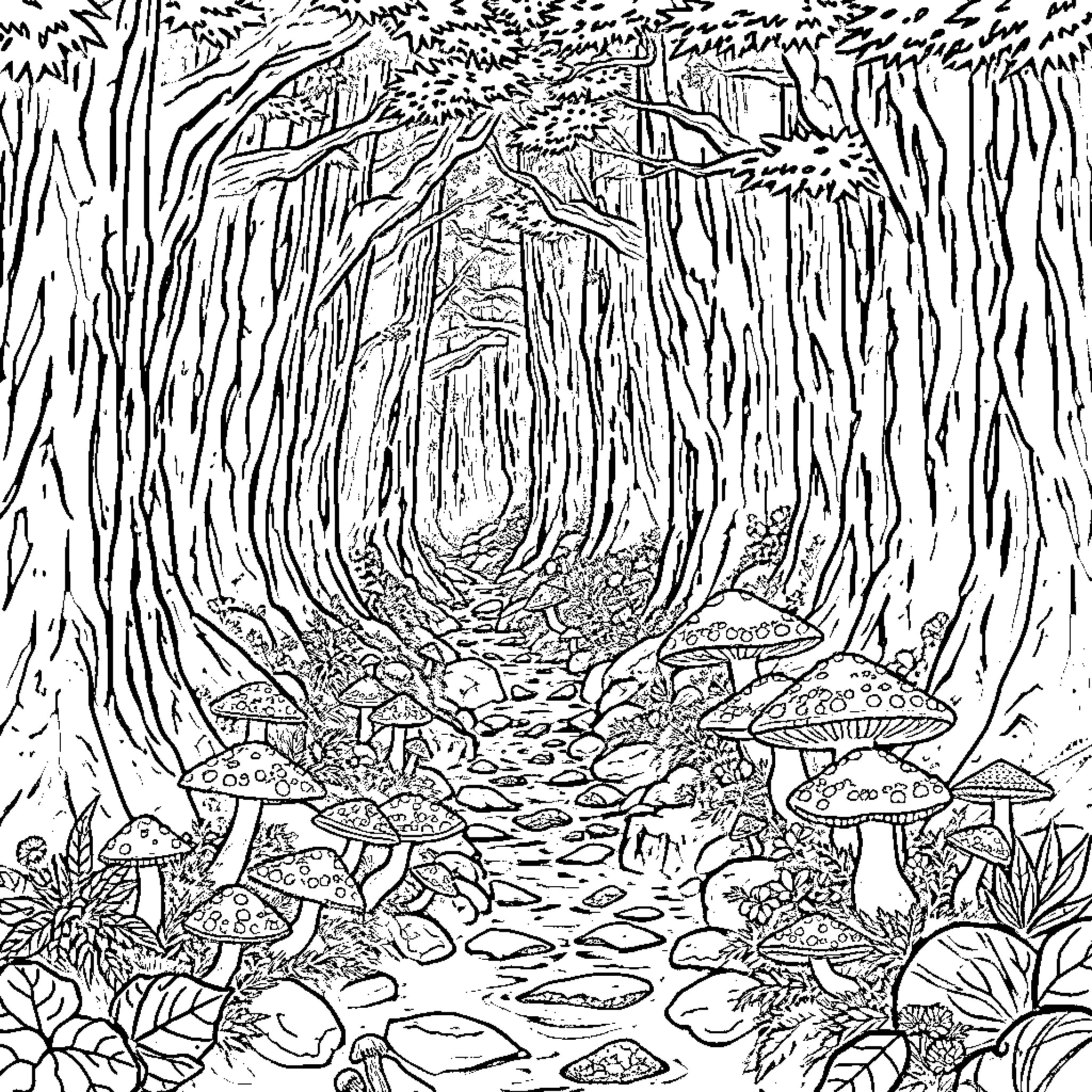 Tree-lined Forest Path with Mushroom Undergrowth Coloring Page (free black-and-white line drawing printable PDF for all, from beginners to advanced learners, including children, teens, adults, and seniors)