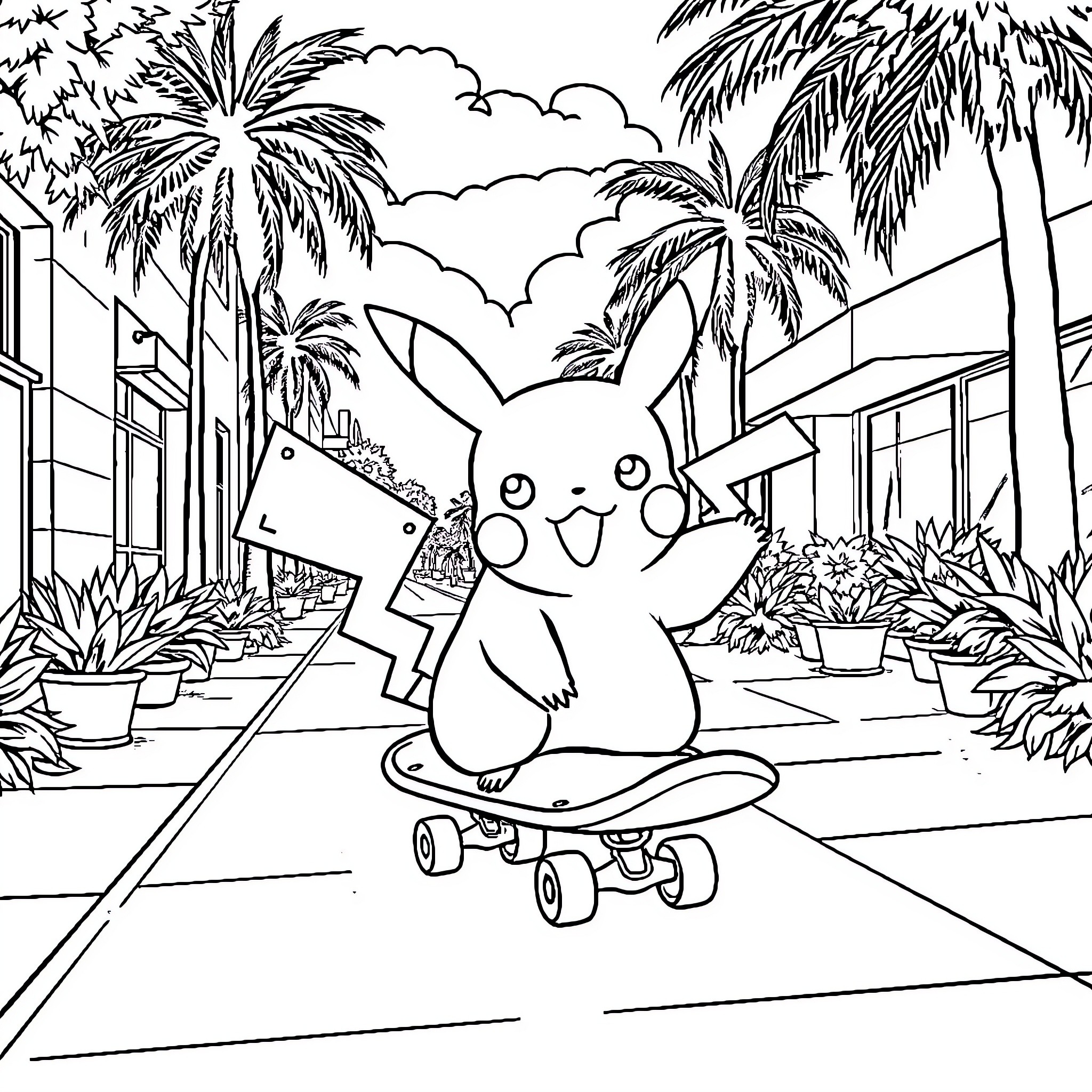 Pikachu skateboarding in a tropical paradise Coloring Page (free black-and-white line drawing printable PDF for all, from beginners to advanced learners, including children, teens, adults, and seniors)