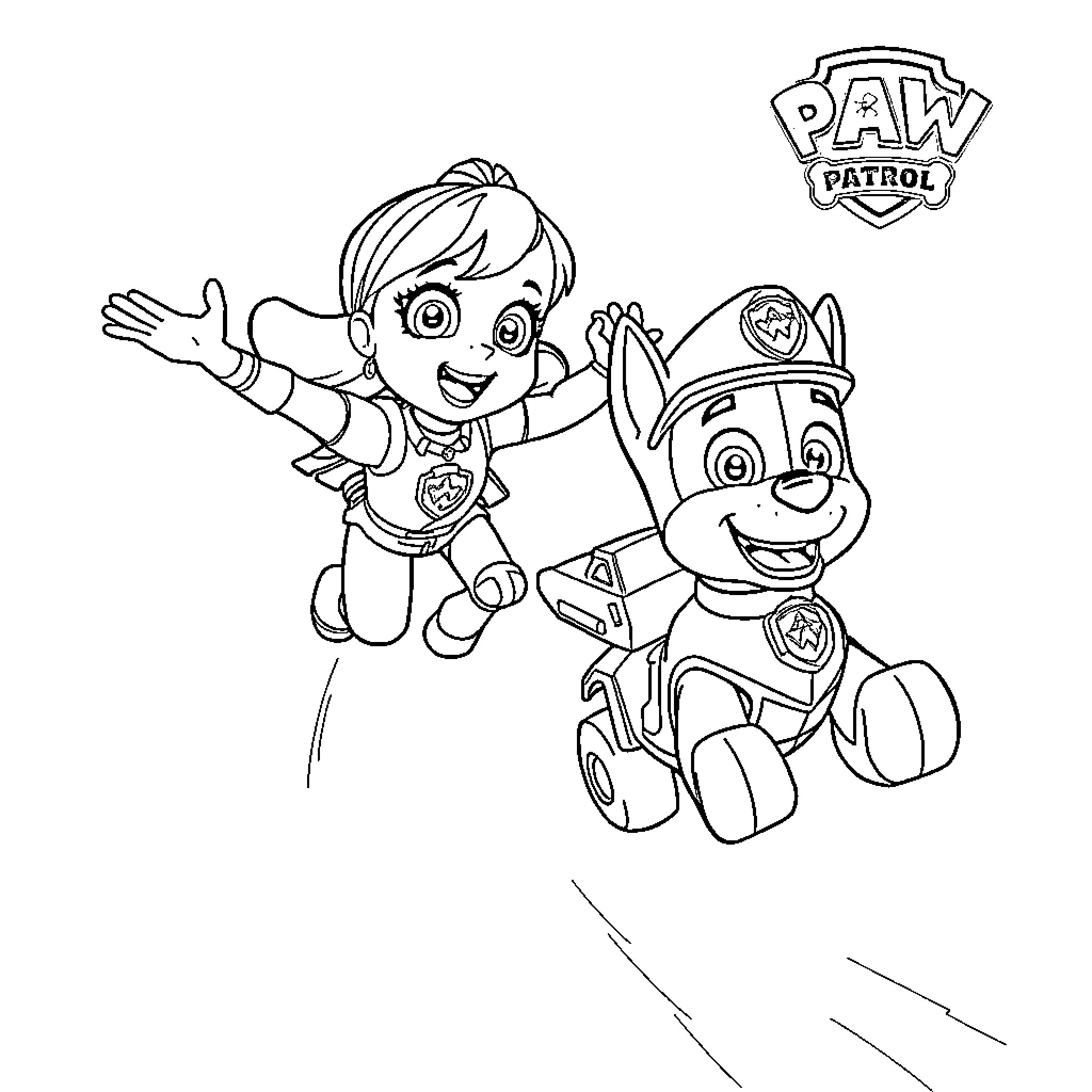 Paw Patrol characters playing and exploring Coloring Page (free black-and-white line drawing printable PDF for all, from beginners to advanced learners, including children, teens, adults, and seniors)