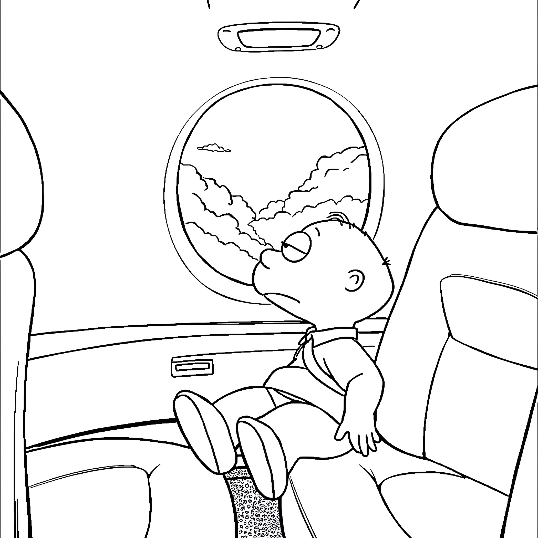 Stewie relaxing during a car ride with a scenic view Coloring Page (free black-and-white line drawing printable PDF for all, from beginners to advanced learners, including children, teens, adults, and seniors)