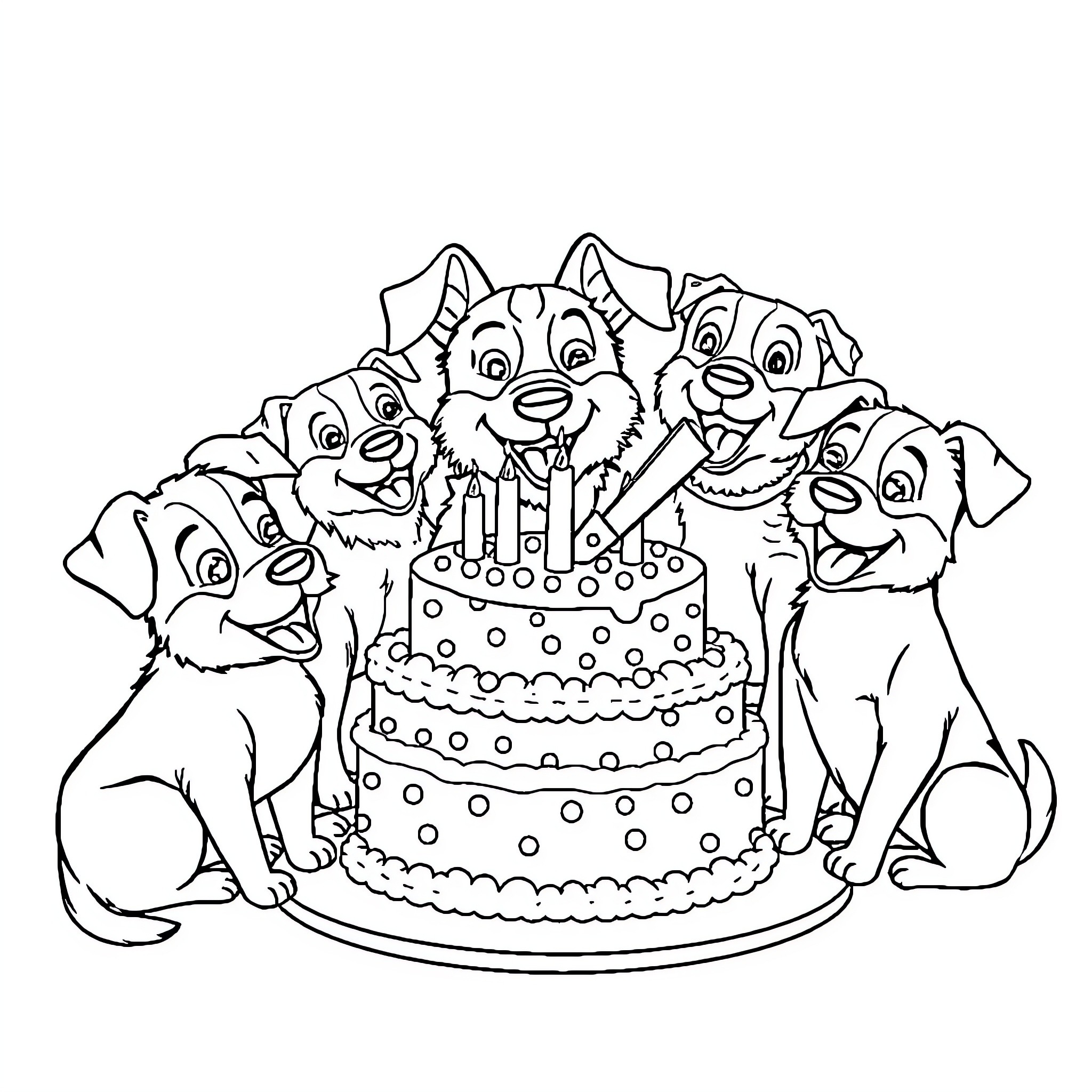 Dog Celebrating Birthday with Cake and Friends Coloring Page (free black-and-white line drawing printable PDF for all, from beginners to advanced learners, including children, teens, adults, and seniors)