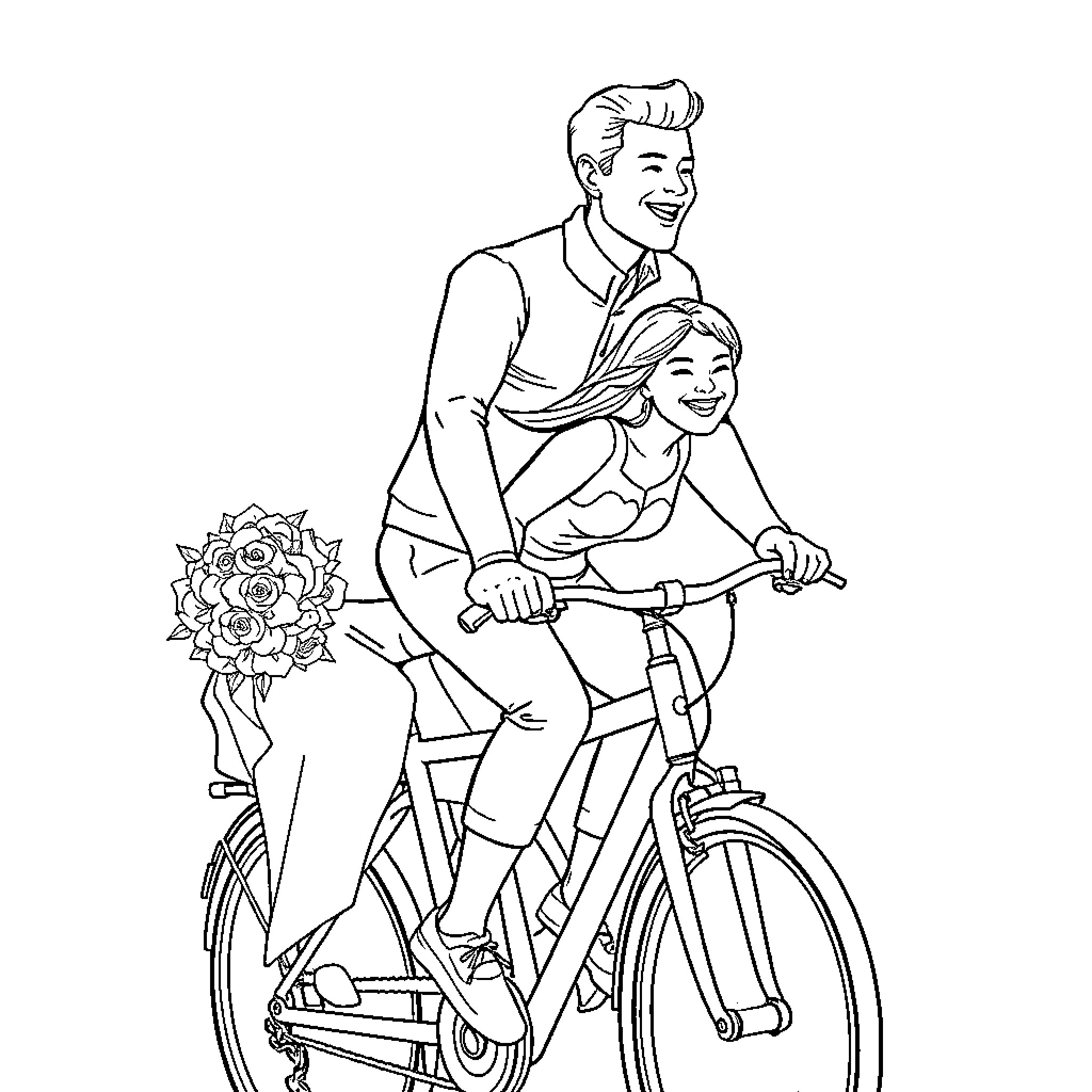 Couple enjoying a romantic bicycle ride Coloring Page (free black-and-white line drawing printable PDF for all, from beginners to advanced learners, including children, teens, adults, and seniors)