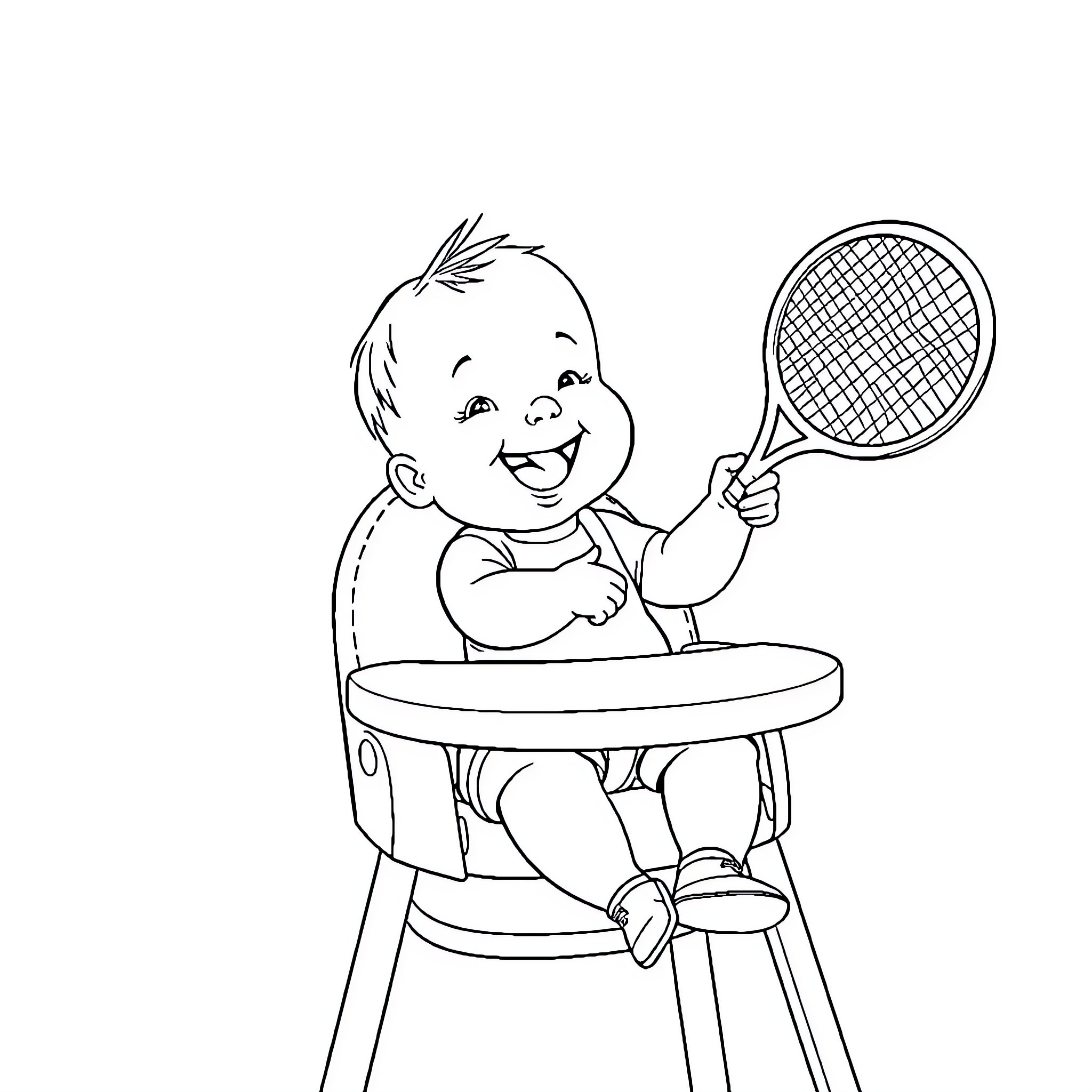 Baby playing with tennis racket in highchair Coloring Page (free black-and-white line drawing printable PDF for all, from beginners to advanced learners, including children, teens, adults, and seniors)