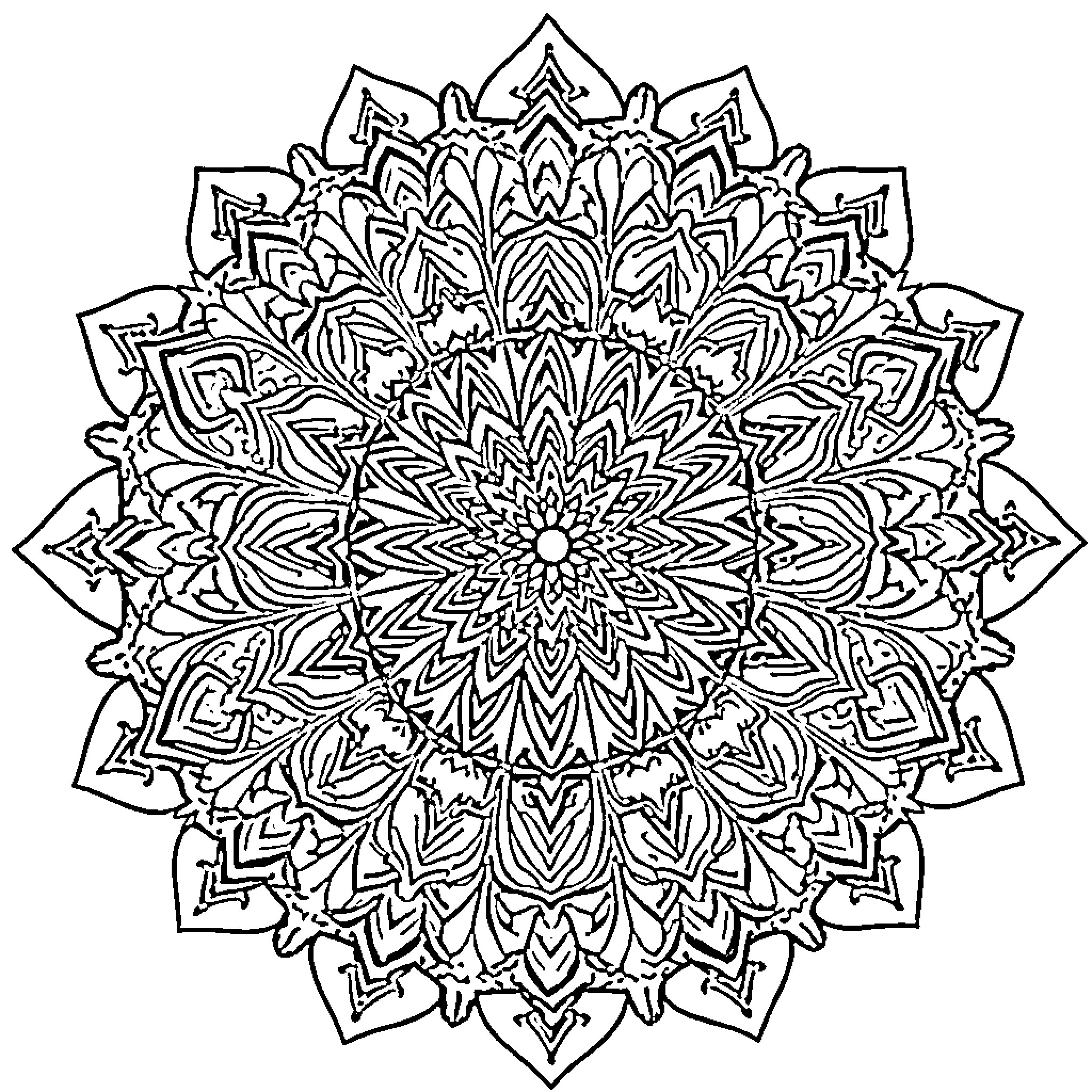 Mandala with intricate floral and geometric patterns Coloring Page (free black-and-white line drawing printable PDF for all, from beginners to advanced learners, including children, teens, adults, and seniors)