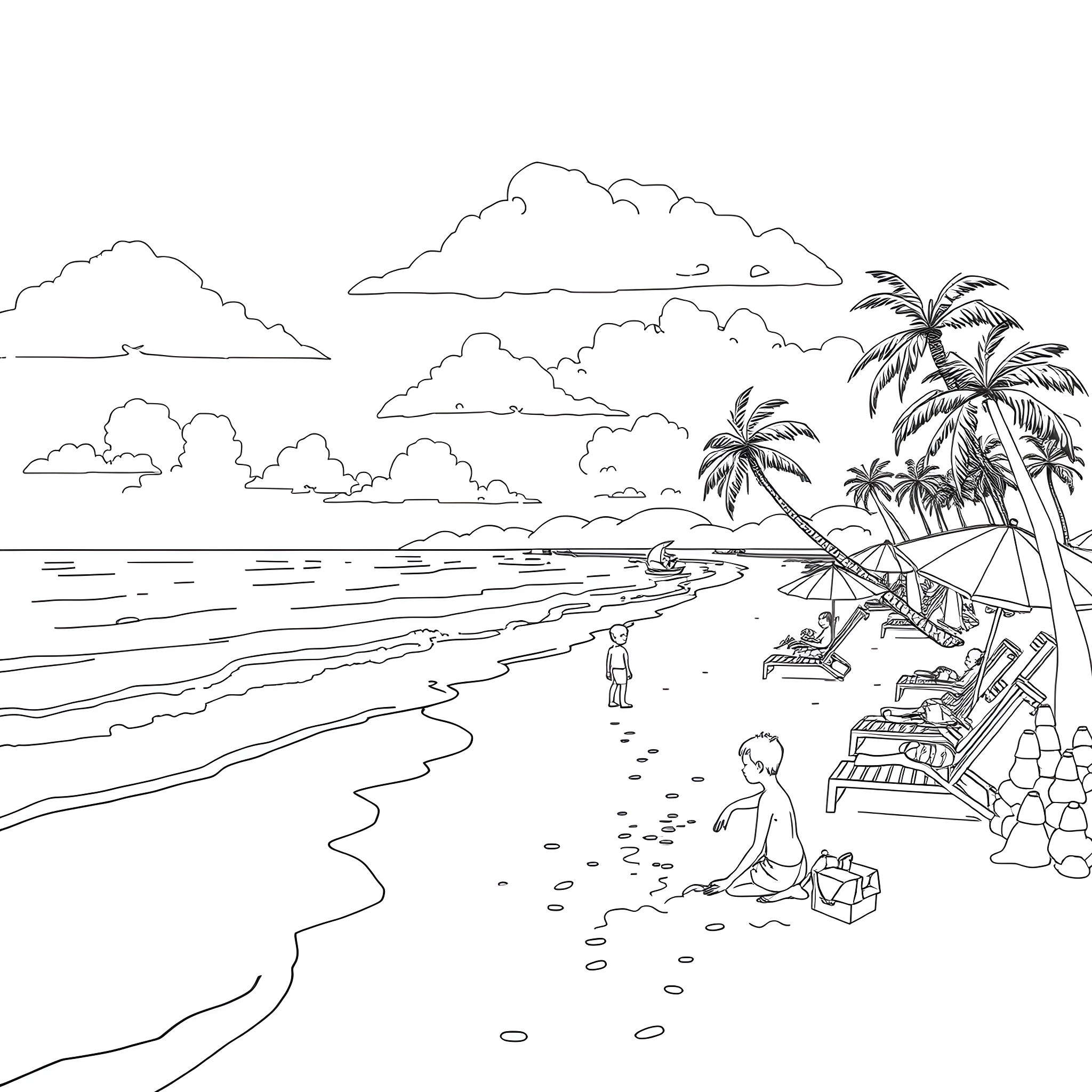 Beach scene with palm trees and people relaxing Coloring Page (free black-and-white line drawing printable PDF for all, from beginners to advanced learners, including children, teens, adults, and seniors)
