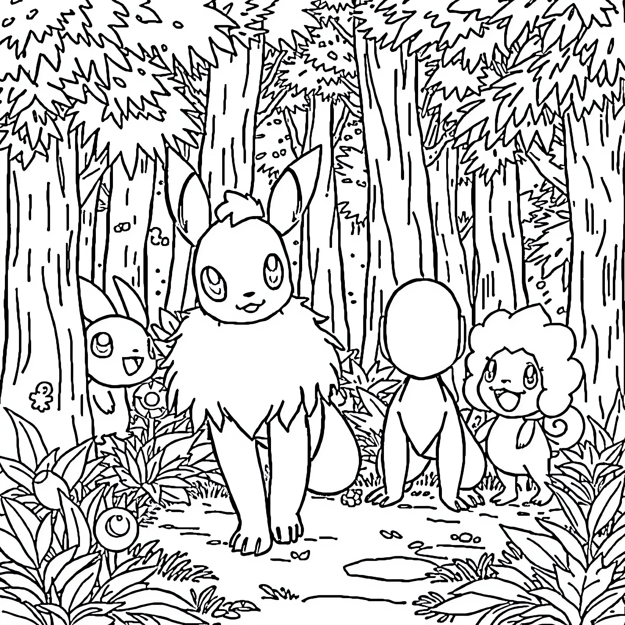Pokémon Exploring the Enchanted Forest Coloring Page (free black-and-white line drawing printable PDF for all, from beginners to advanced learners, including children, teens, adults, and seniors)