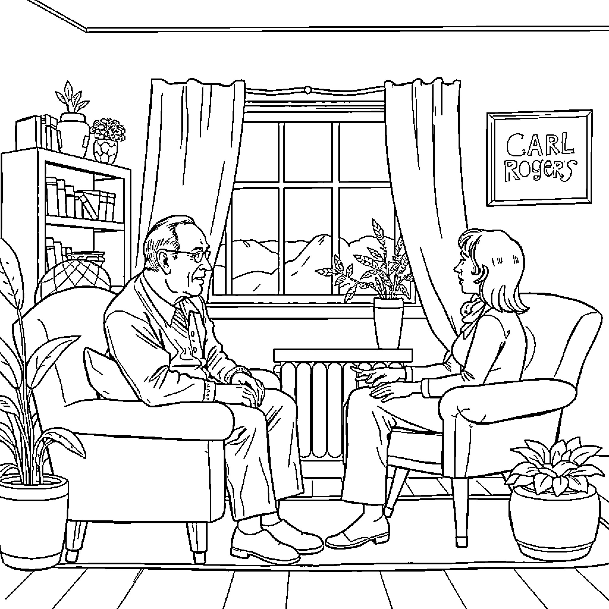Carl Rogers counseling client in a cozy office Coloring Page (free black-and-white line drawing printable PDF for all, from beginners to advanced learners, including children, teens, adults, and seniors)