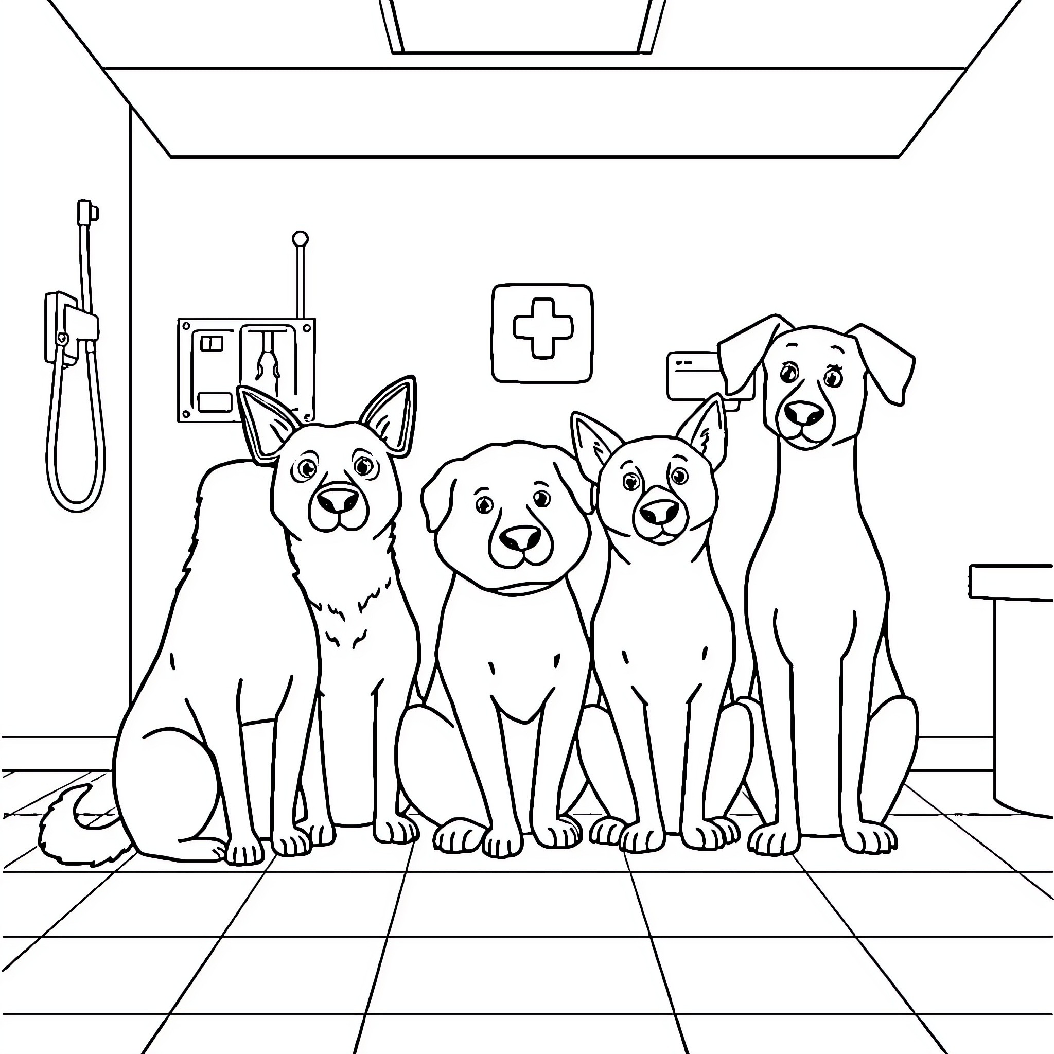 Animal companions in the veterinary clinic Coloring Page (free black-and-white line drawing printable PDF for all, from beginners to advanced learners, including children, teens, adults, and seniors)