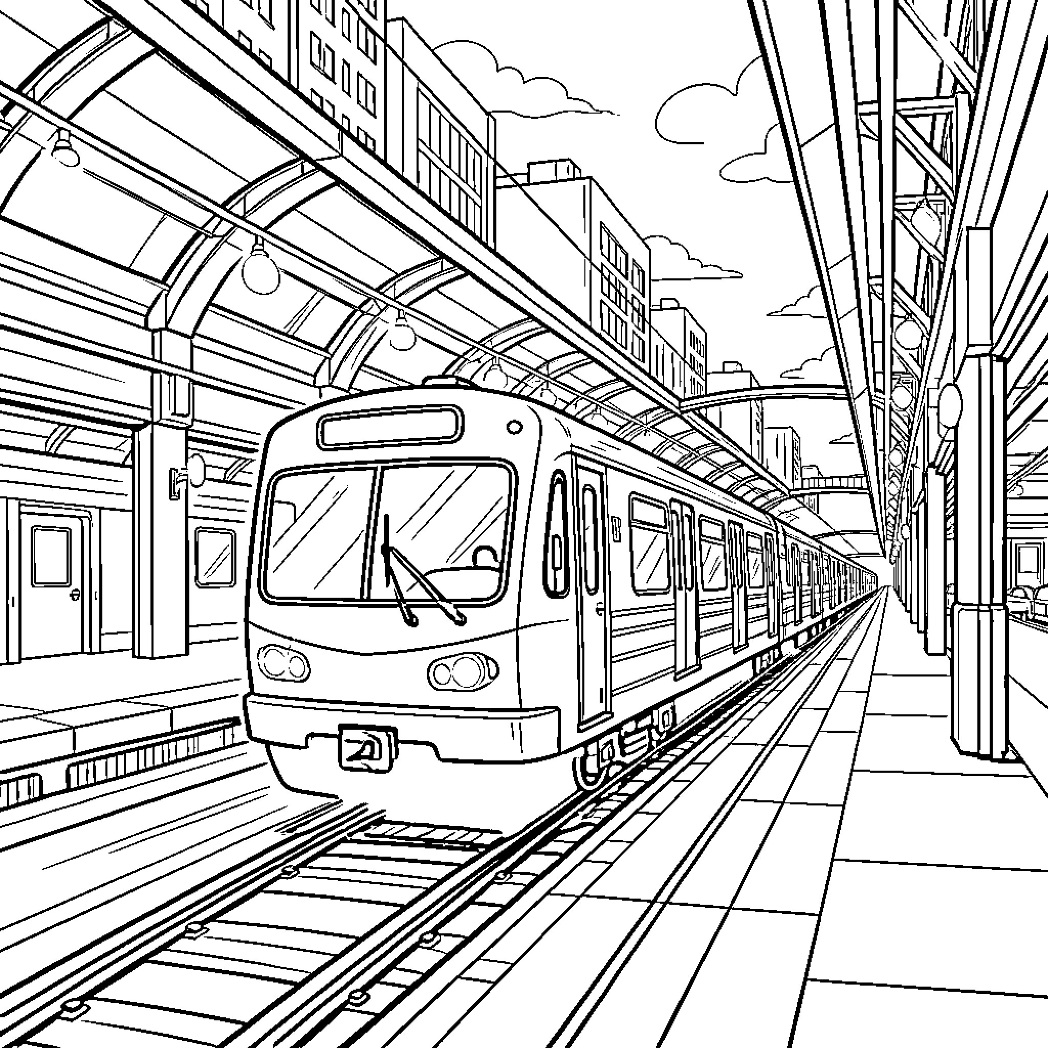 Santiago Metro: Modern Train at the Station Coloring Page (free black-and-white line drawing printable PDF for all, from beginners to advanced learners, including children, teens, adults, and seniors)