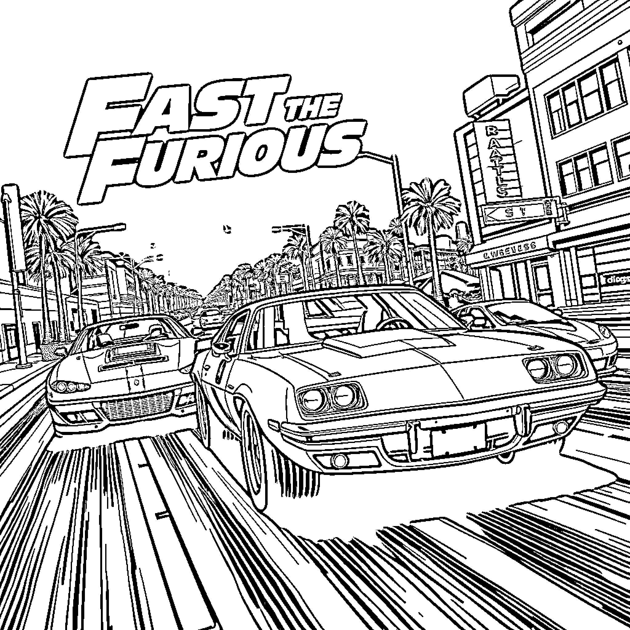 Car racing in urban scene with palm trees Coloring Page (free black-and-white line drawing printable PDF for all, from beginners to advanced learners, including children, teens, adults, and seniors)