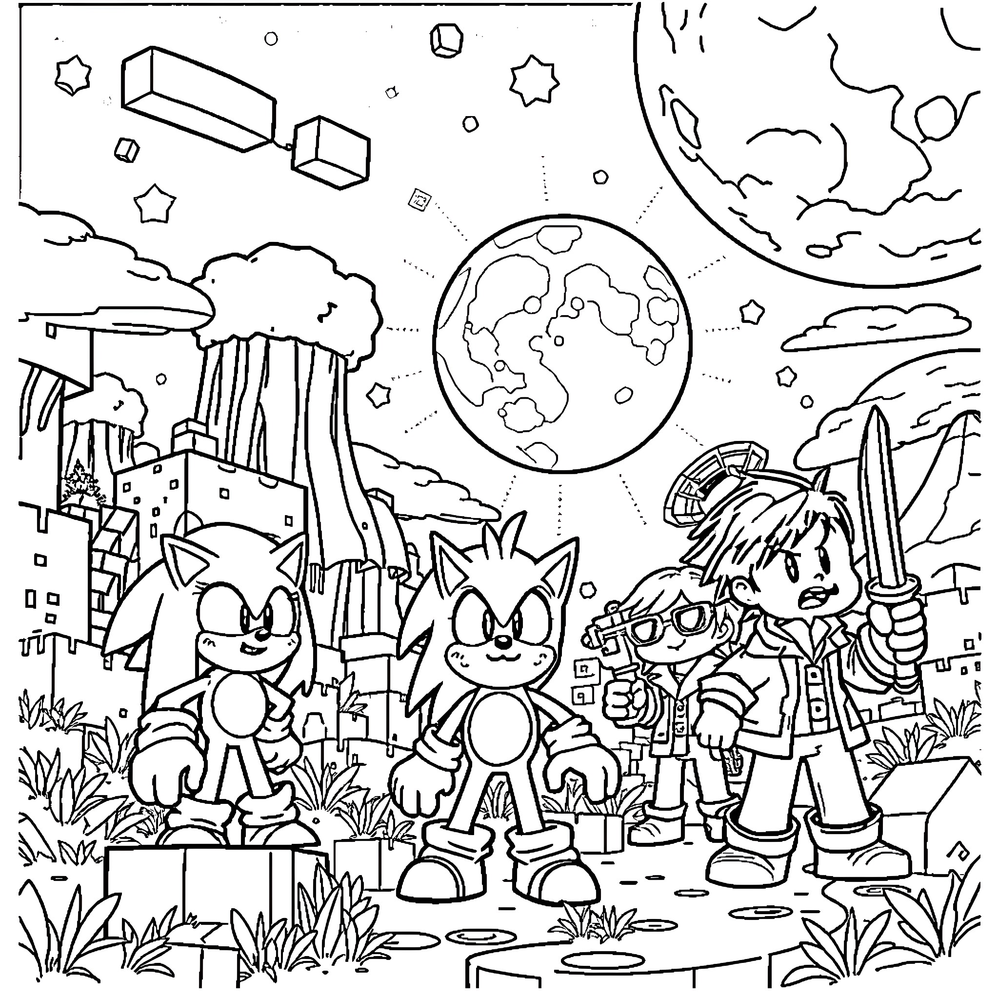 Character Adventure in the Cosmic Landscape Coloring Page (free black-and-white line drawing printable PDF for all, from beginners to advanced learners, including children, teens, adults, and seniors)