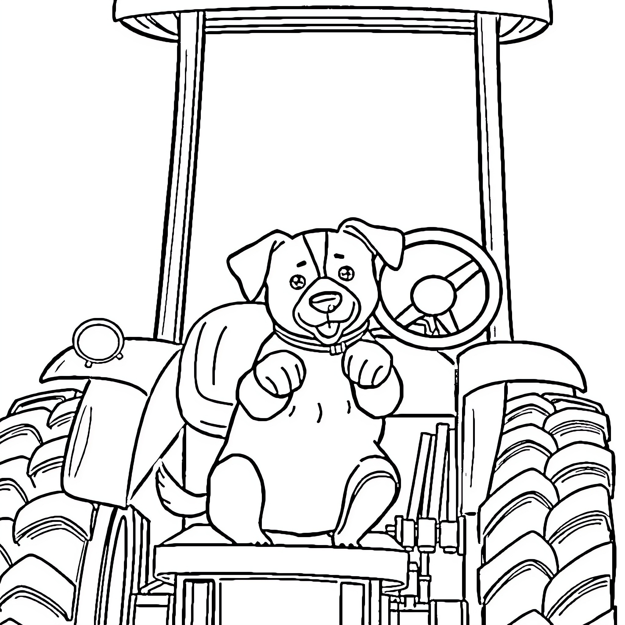 Dog relaxing on tractor in the countryside Coloring Page (free black-and-white line drawing printable PDF for all, from beginners to advanced learners, including children, teens, adults, and seniors)