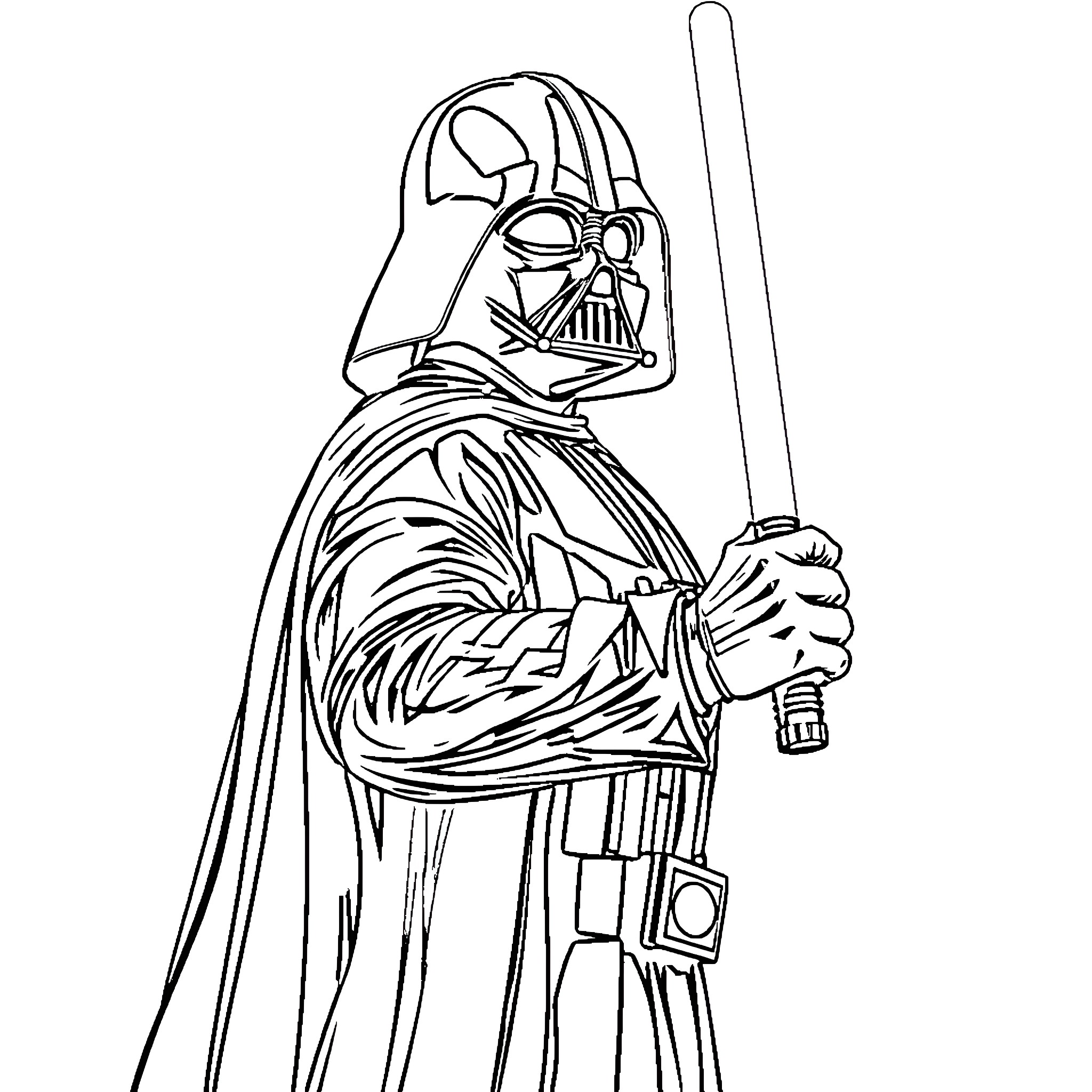 Darth Vader wielding his lightsaber in a dramatic pose Coloring Page (free black-and-white line drawing printable PDF for all, from beginners to advanced learners, including children, teens, adults, and seniors)