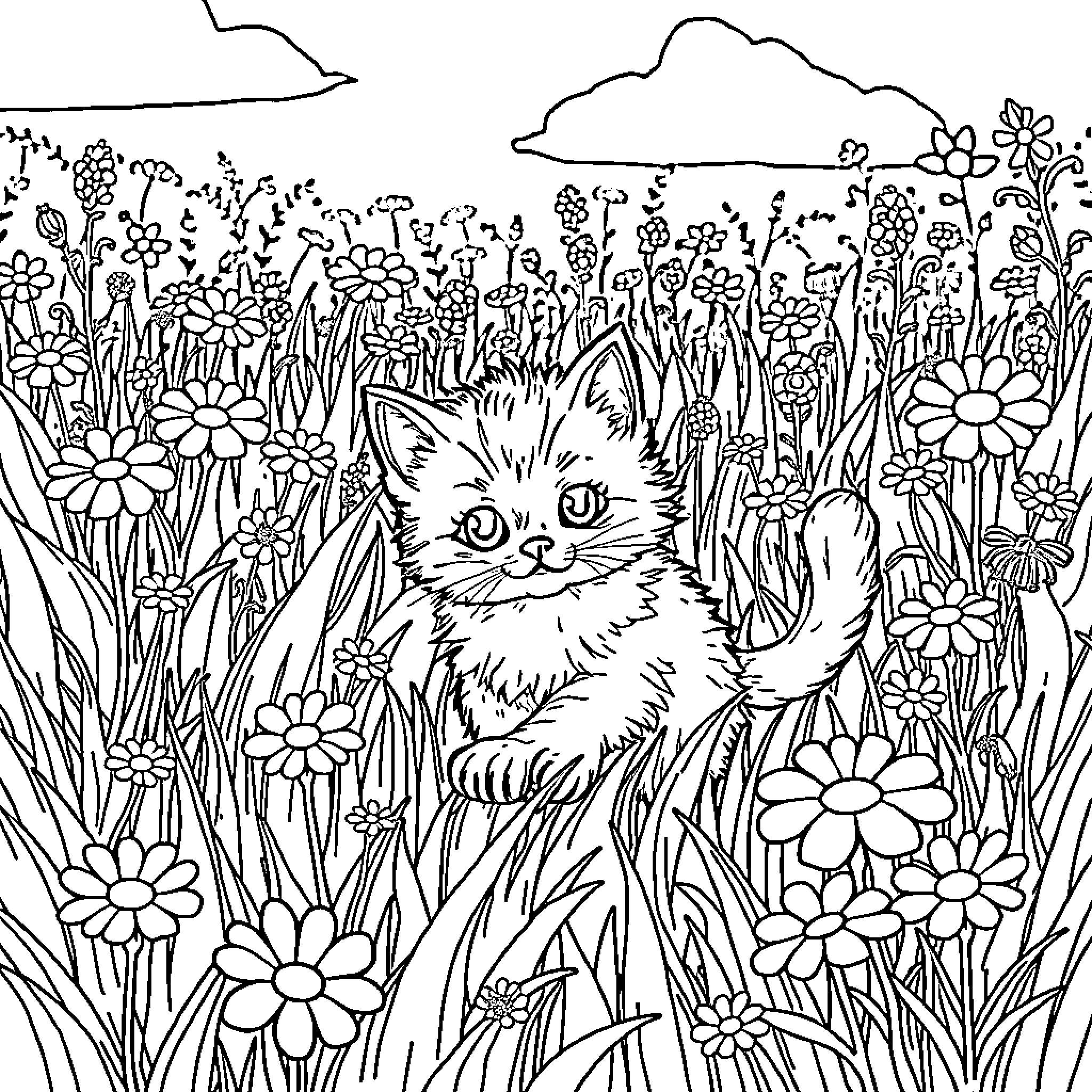Kitty exploring a vibrant floral meadow Coloring Page (free black-and-white line drawing printable PDF for all, from beginners to advanced learners, including children, teens, adults, and seniors)