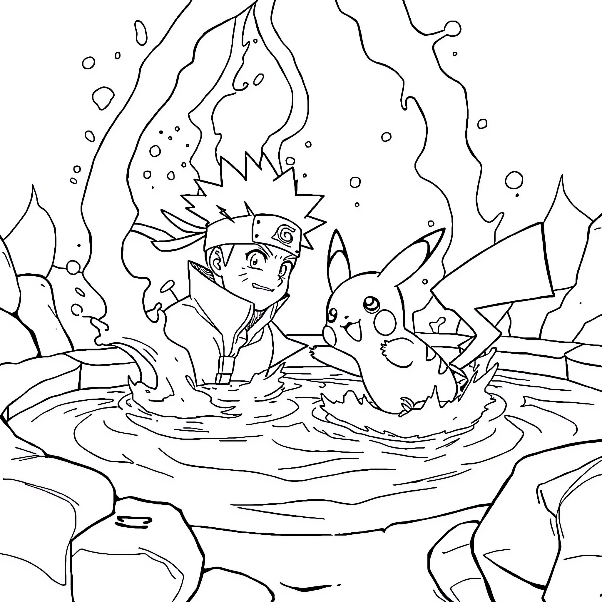 Pikachu and Naruto swimming together in a magical scene Coloring Page (free black-and-white line drawing printable PDF for all, from beginners to advanced learners, including children, teens, adults, and seniors)