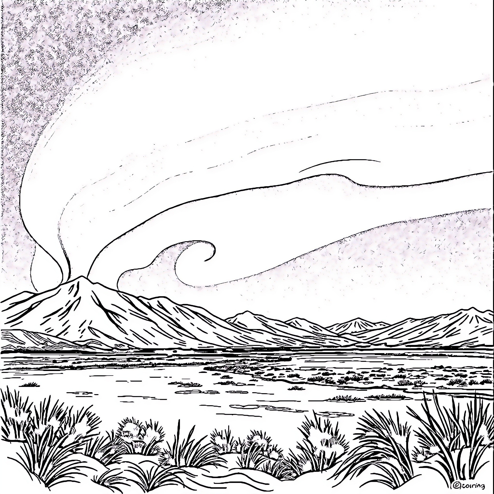Aurora Over Serene Landscape Coloring Page (free black-and-white line drawing printable PDF for all, from beginners to advanced learners, including children, teens, adults, and seniors)