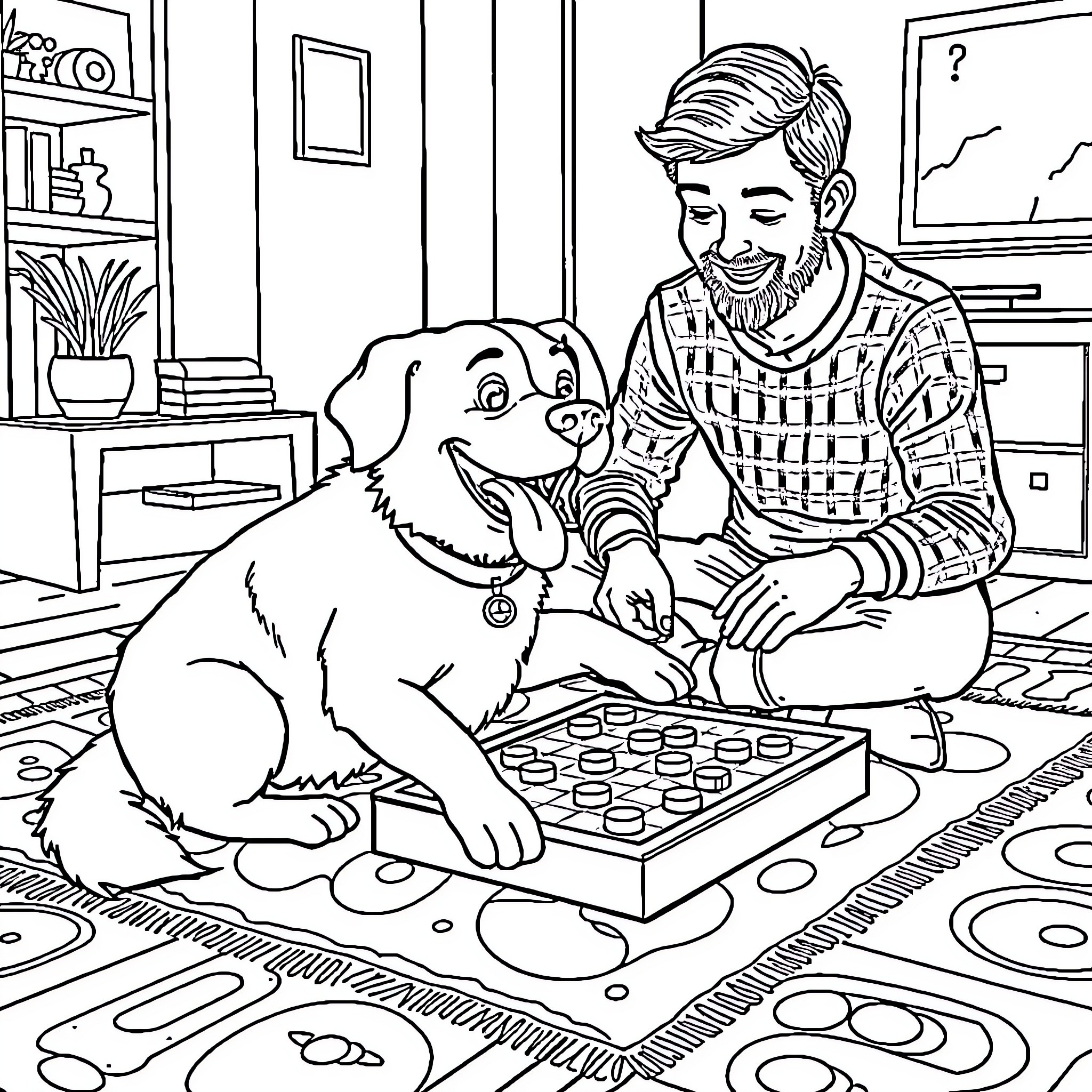 Dog playing game with owner in living room Coloring Page (free black-and-white line drawing printable PDF for all, from beginners to advanced learners, including children, teens, adults, and seniors)