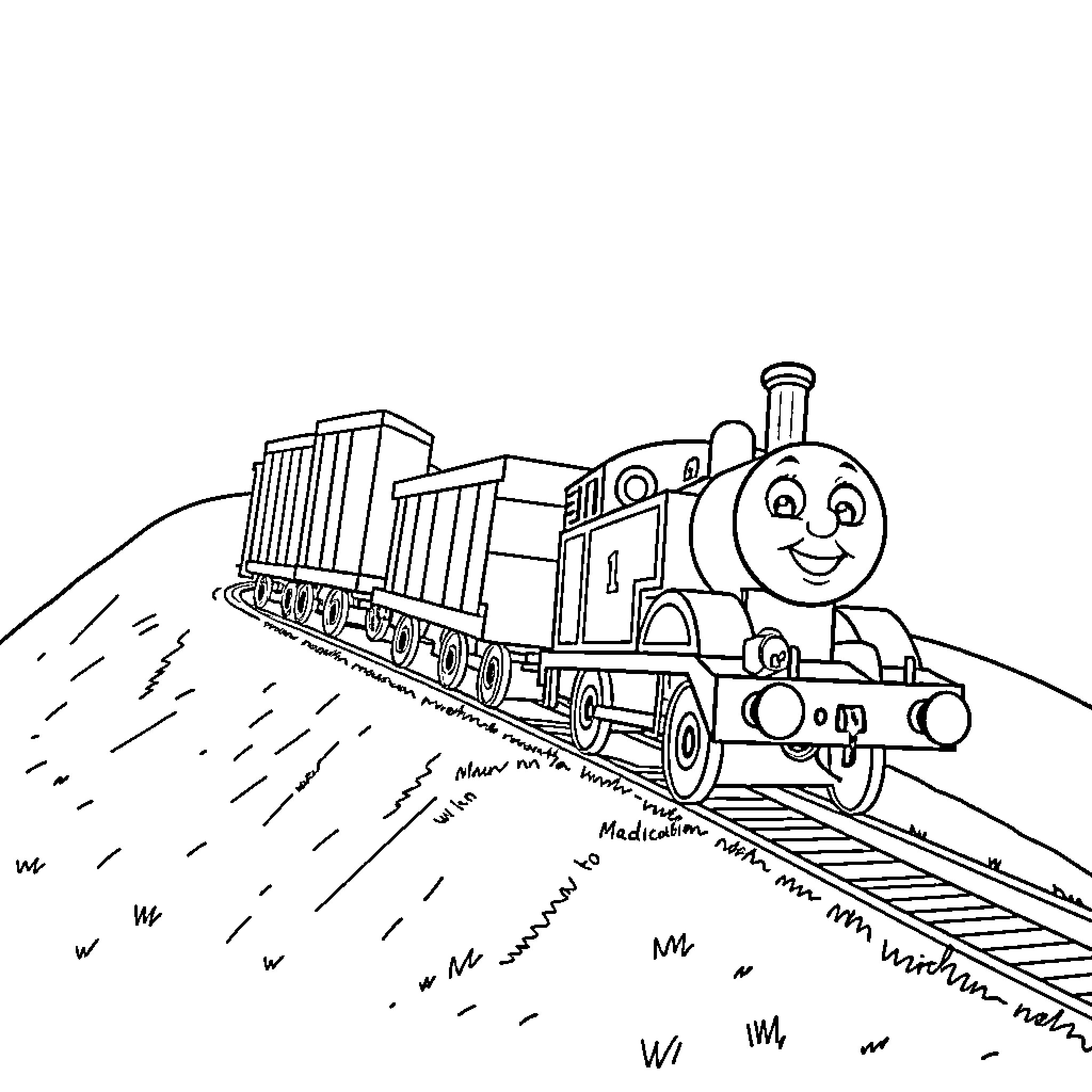Thomas the Train Travels Cheerfully on the Tracks Coloring Page (free black-and-white line drawing printable PDF for all, from beginners to advanced learners, including children, teens, adults, and seniors)
