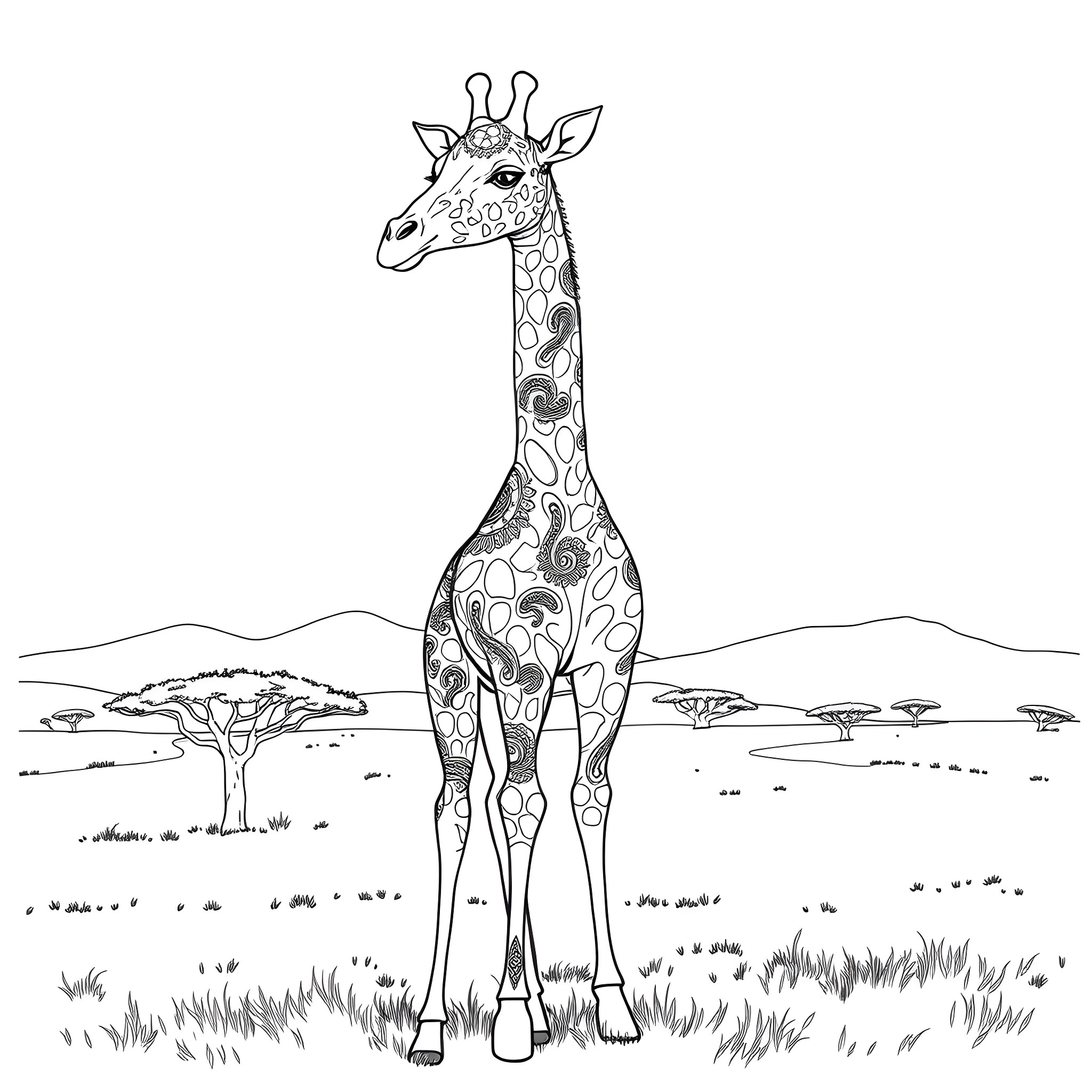 Giraffe in a Serene African Landscape Coloring Page (free black-and-white line drawing printable PDF for all, from beginners to advanced learners, including children, teens, adults, and seniors)