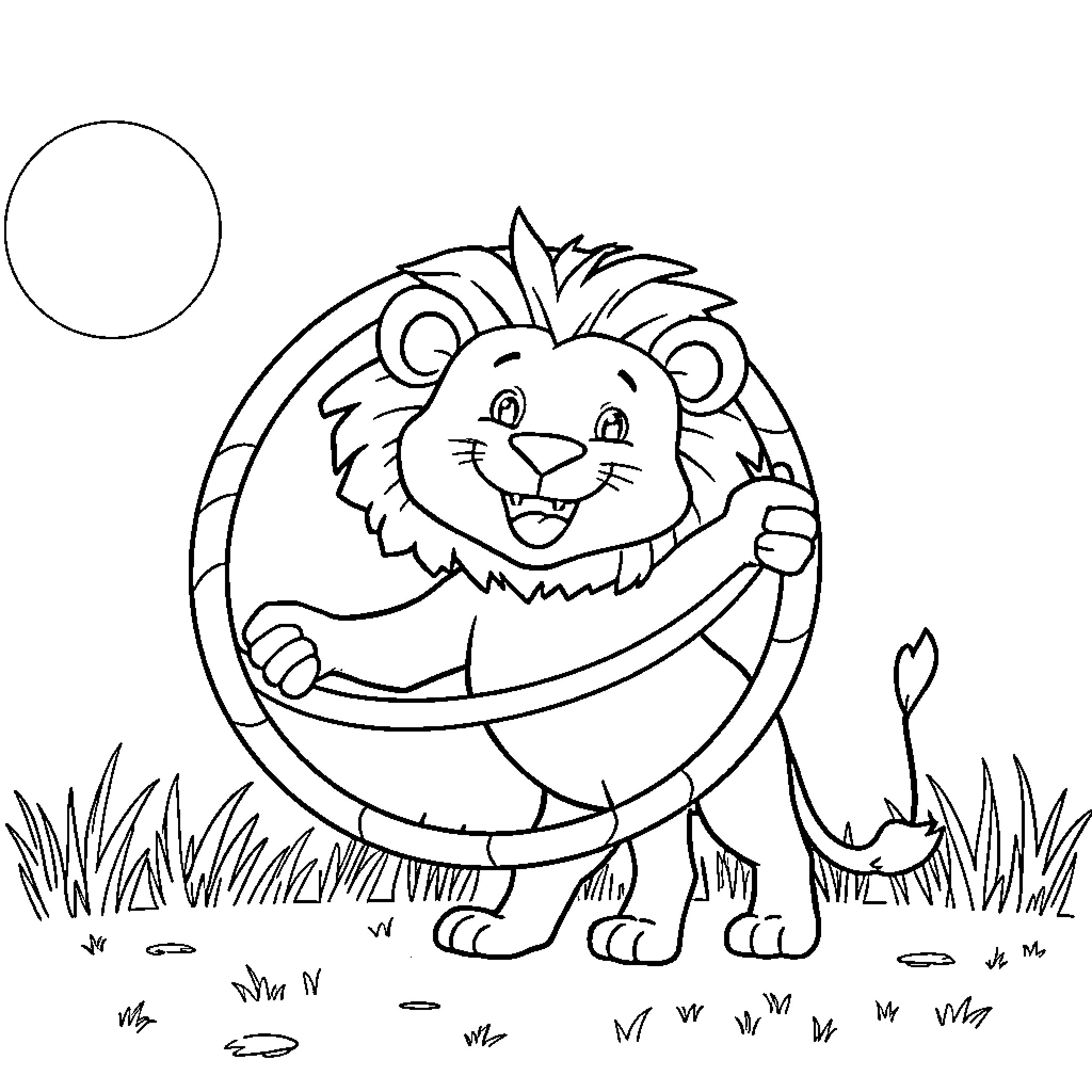 Lion enjoying a playful moment in the wild Coloring Page (free black-and-white line drawing printable PDF for all, from beginners to advanced learners, including children, teens, adults, and seniors)