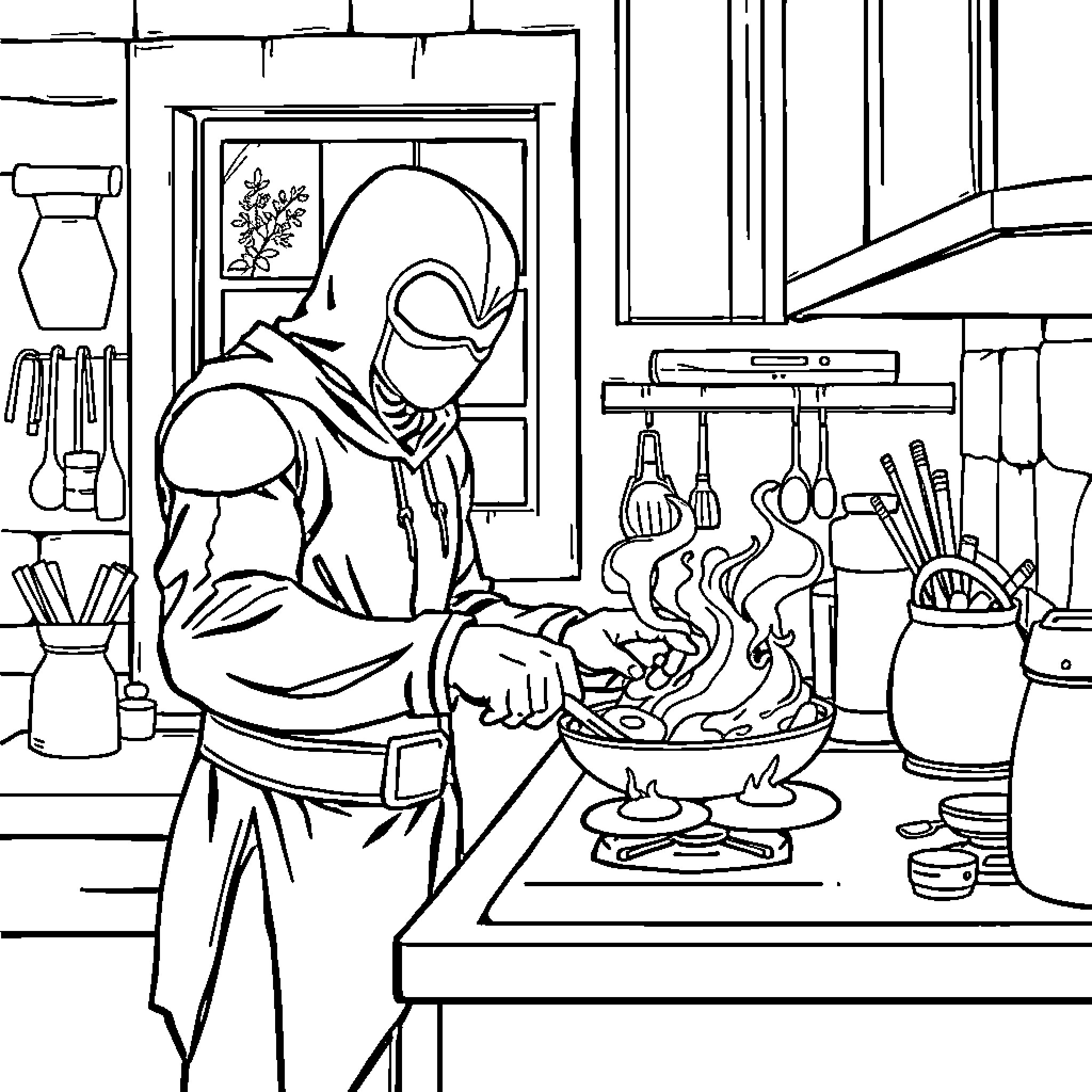 Moon Knight preparing a mystical dish in the kitchen Coloring Page (free black-and-white line drawing printable PDF for all, from beginners to advanced learners, including children, teens, adults, and seniors)