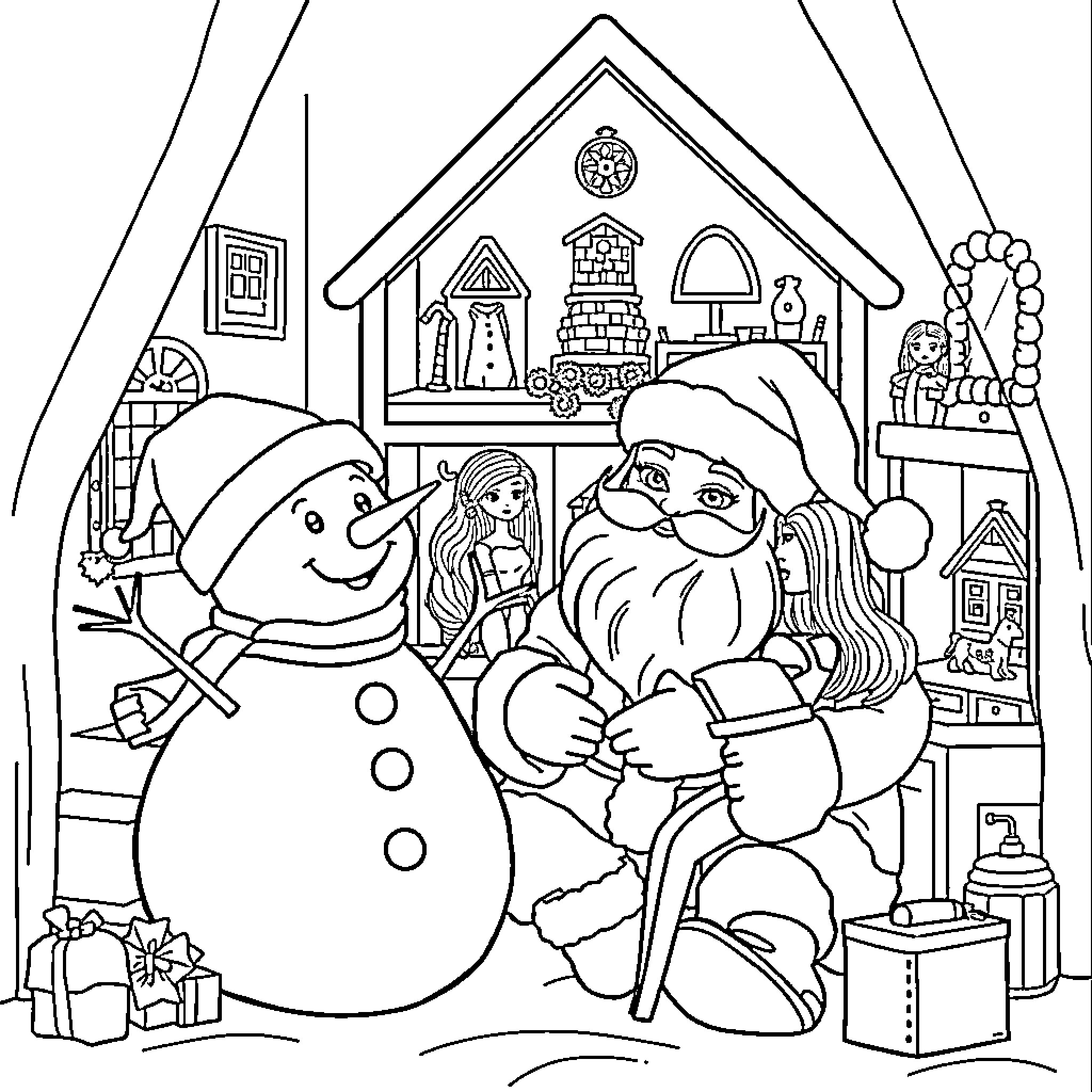 Snowman and Santa Claus at winter home Coloring Page (free black-and-white line drawing printable PDF for all, from beginners to advanced learners, including children, teens, adults, and seniors)
