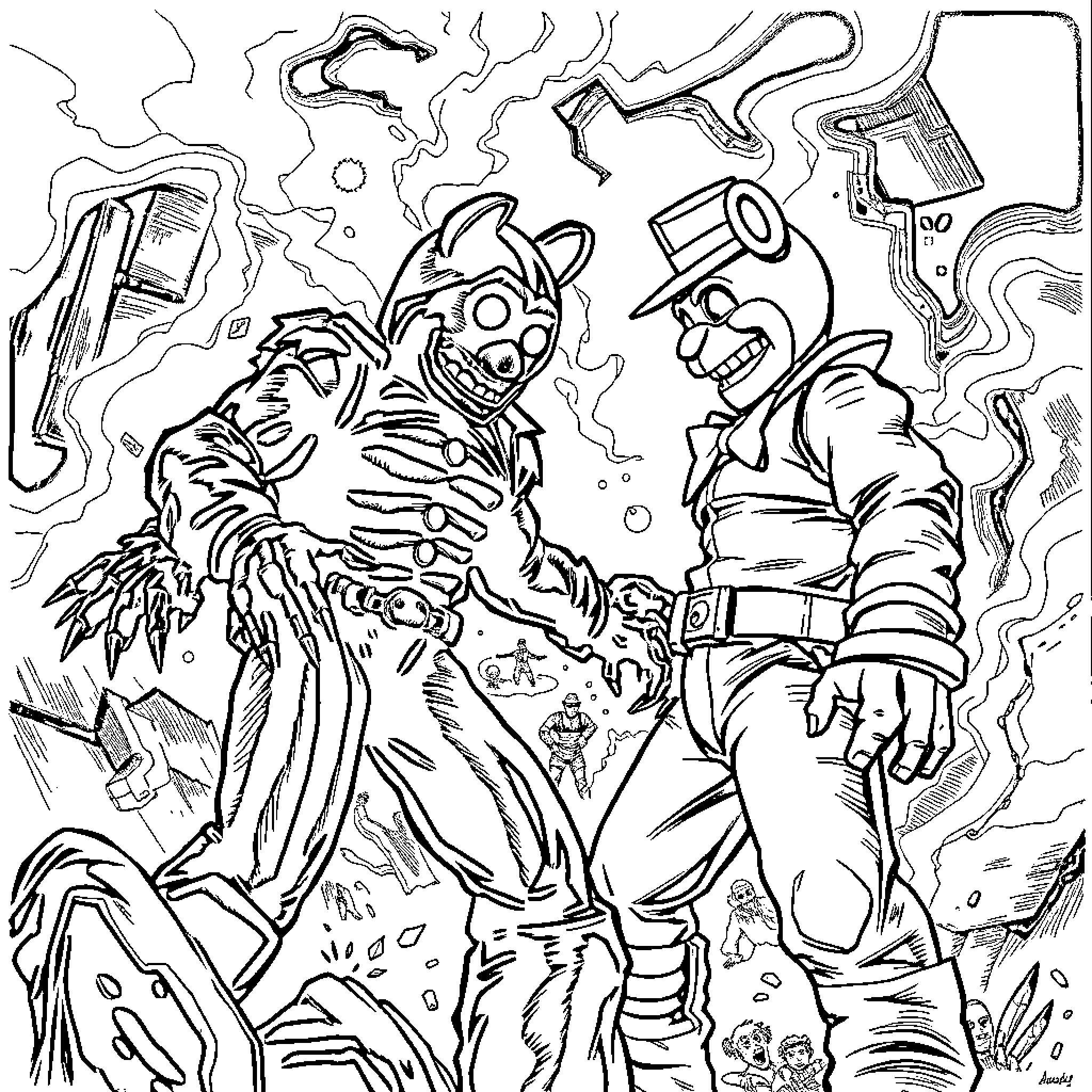 Good vs Freddy: Epic Clash of Heroic and Villainous Figures Coloring Page (free black-and-white line drawing printable PDF for all, from beginners to advanced learners, including children, teens, adults, and seniors)
