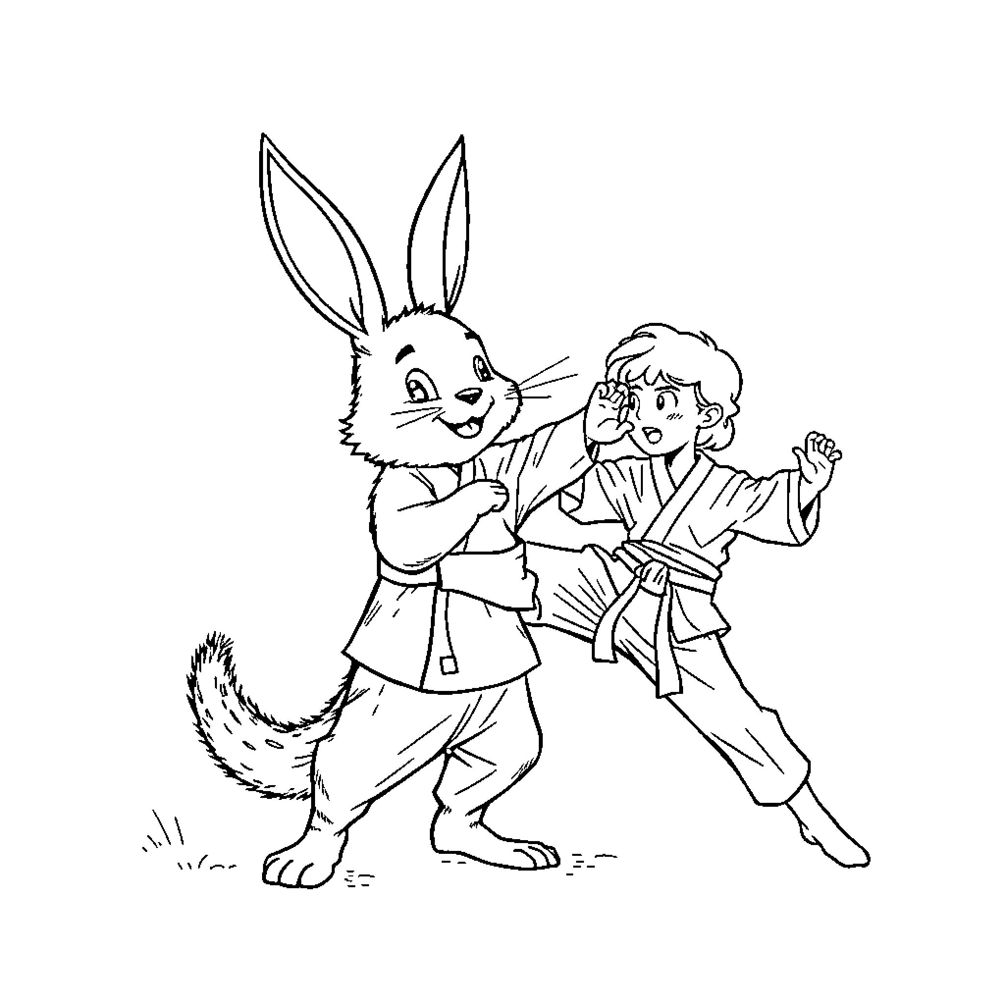 Rabbit and Boy in Martial Arts Poses Coloring Page (free black-and-white line drawing printable PDF for all, from beginners to advanced learners, including children, teens, adults, and seniors)