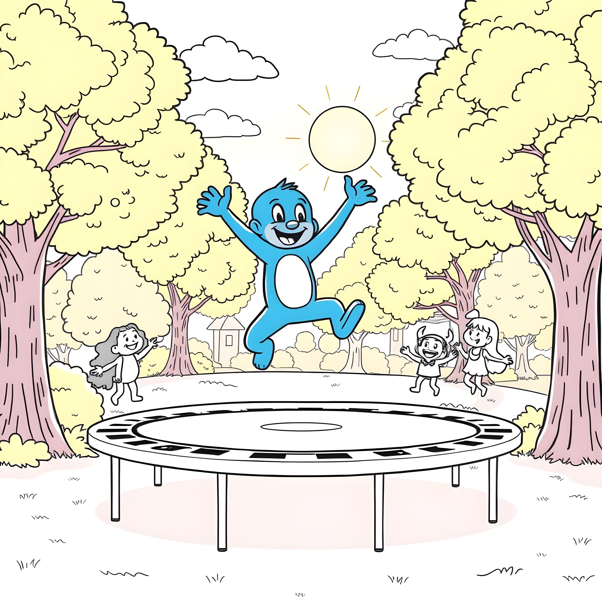 Bluey jumping happily on a trampoline with friends Coloring Page (free black-and-white line drawing printable PDF for all, from beginners to advanced learners, including children, teens, adults, and seniors)