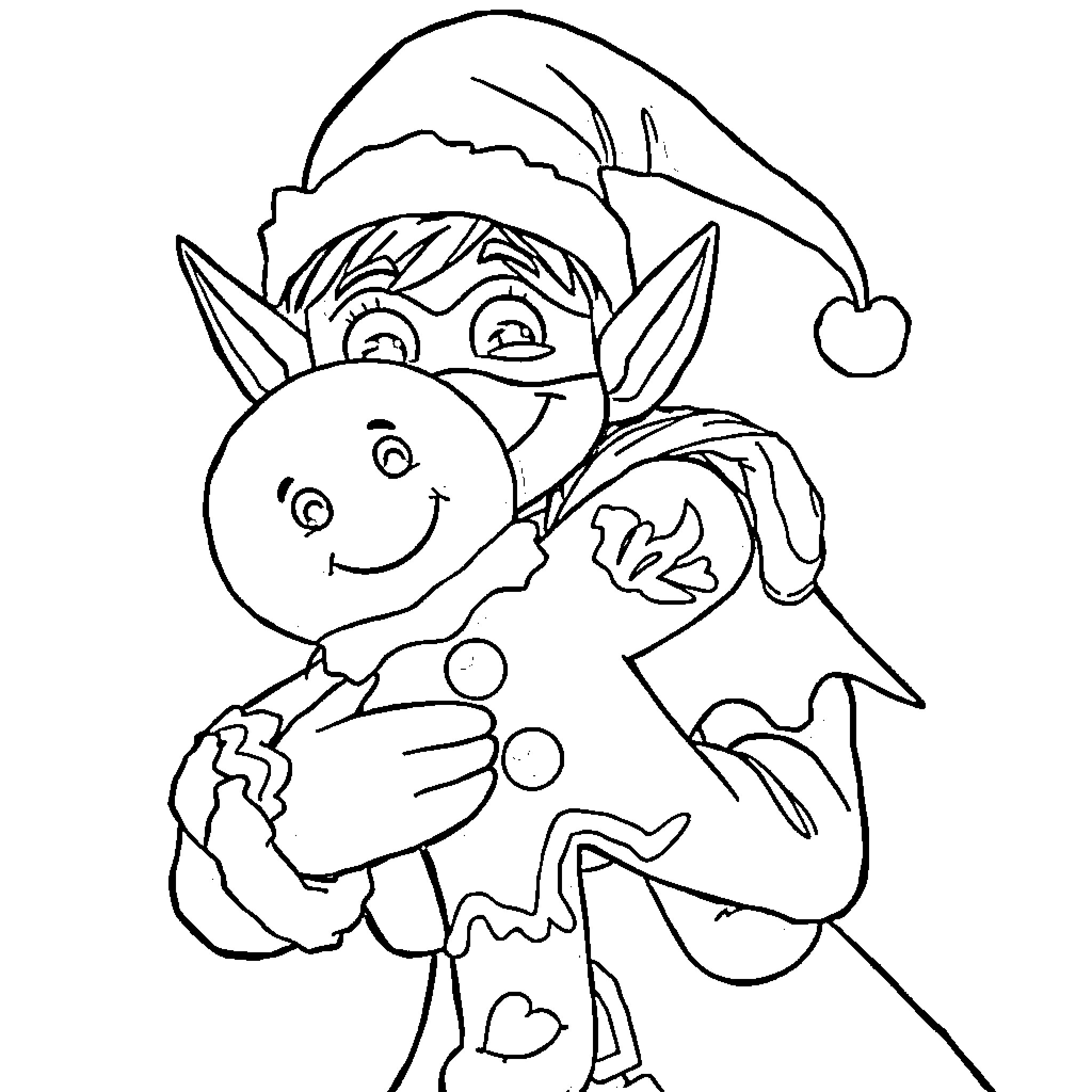 Elf playing happily with a snowman toy Coloring Page (free black-and-white line drawing printable PDF for all, from beginners to advanced learners, including children, teens, adults, and seniors)