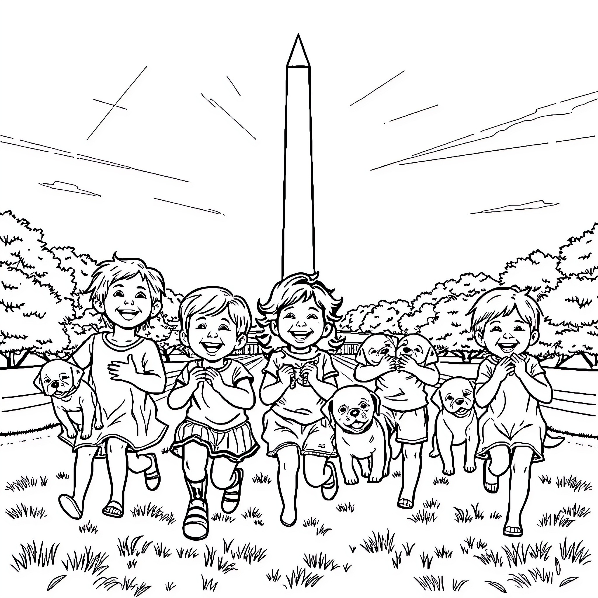 Child friends playing happily in park with pets Coloring Page (free black-and-white line drawing printable PDF for all, from beginners to advanced learners, including children, teens, adults, and seniors)