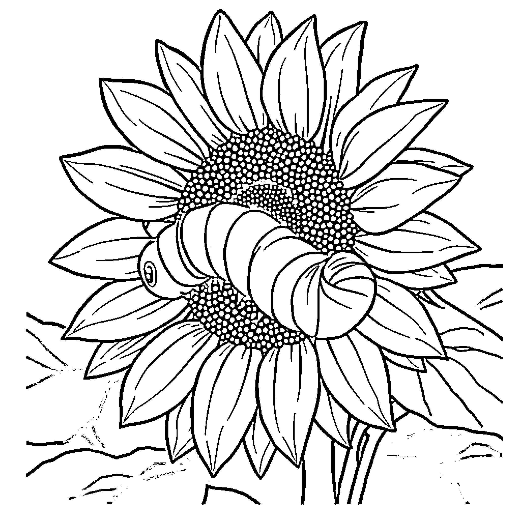 Caterpillar exploring a sunflower Coloring Page (free black-and-white line drawing printable PDF for all, from beginners to advanced learners, including children, teens, adults, and seniors)