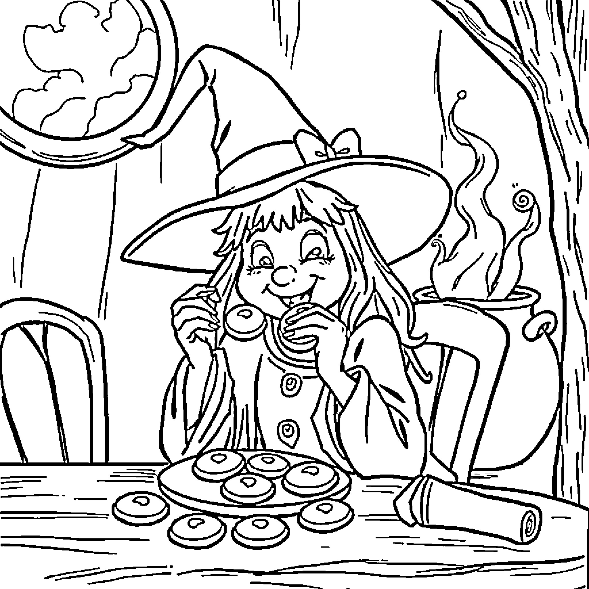 Witch baking tasty treats in her cozy cottage Coloring Page (free black-and-white line drawing printable PDF for all, from beginners to advanced learners, including children, teens, adults, and seniors)