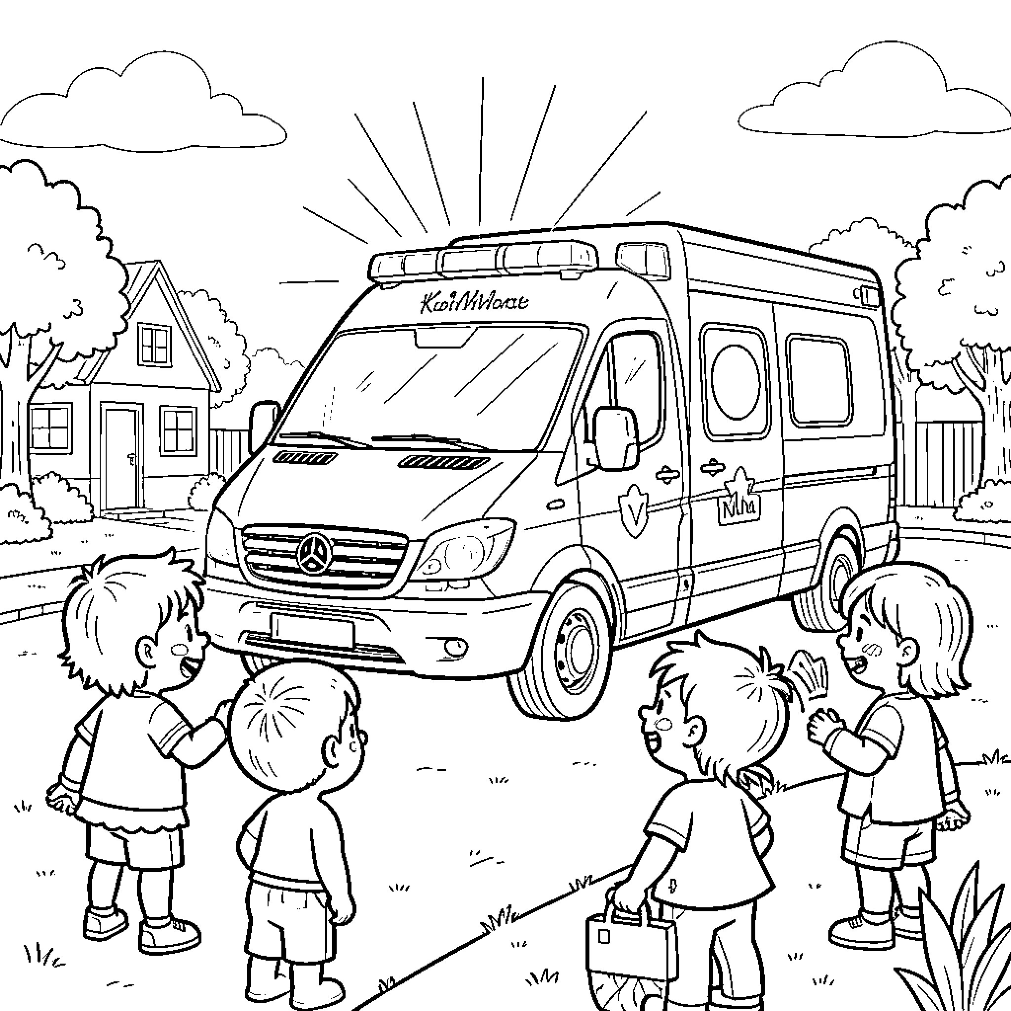 Ambulance responding to emergency in residential neighborhood Coloring Page (free black-and-white line drawing printable PDF for all, from beginners to advanced learners, including children, teens, adults, and seniors)