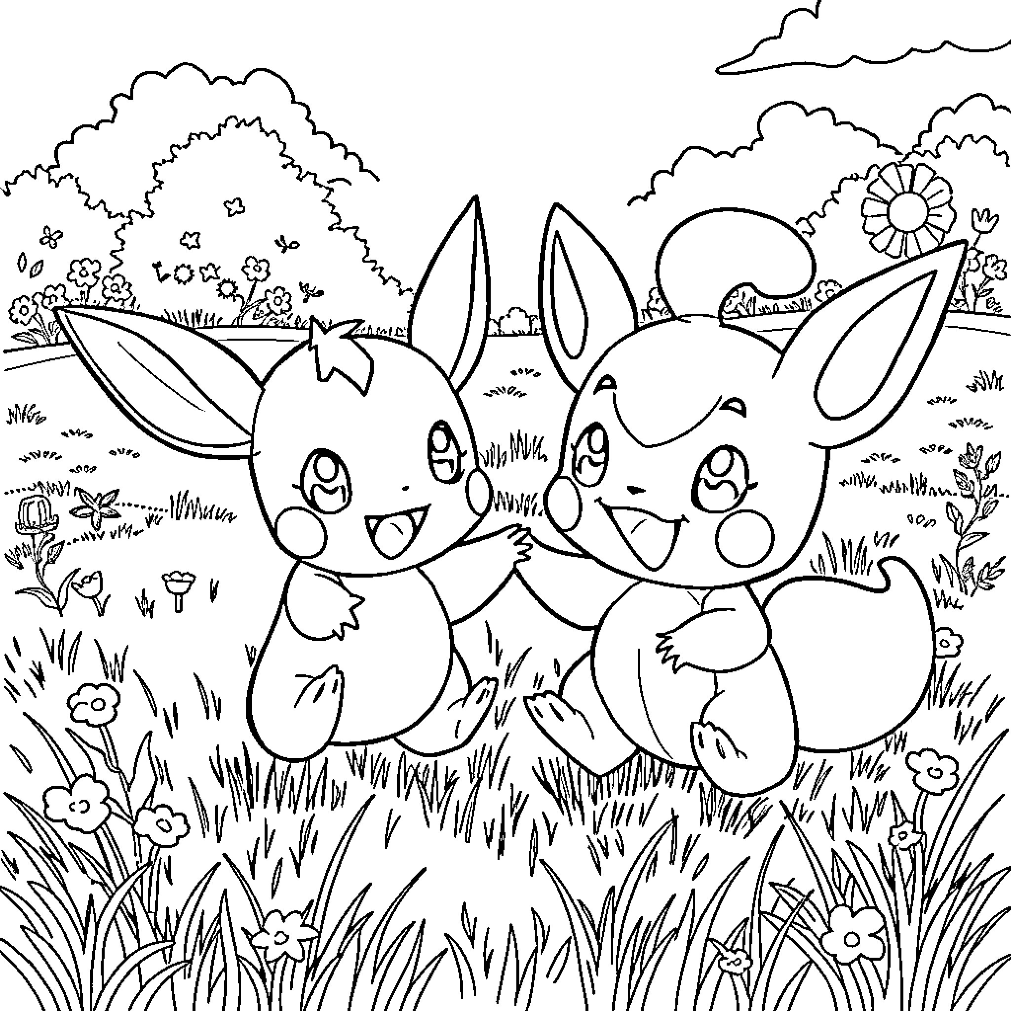 Pichu duo frolicking in the meadow Coloring Page (free black-and-white line drawing printable PDF for all, from beginners to advanced learners, including children, teens, adults, and seniors)