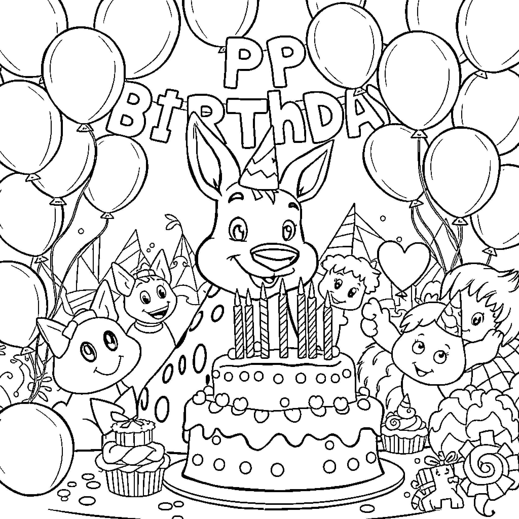 Huntrix's Birthday Celebration with Festive Characters Coloring Page (free black-and-white line drawing printable PDF for all, from beginners to advanced learners, including children, teens, adults, and seniors)