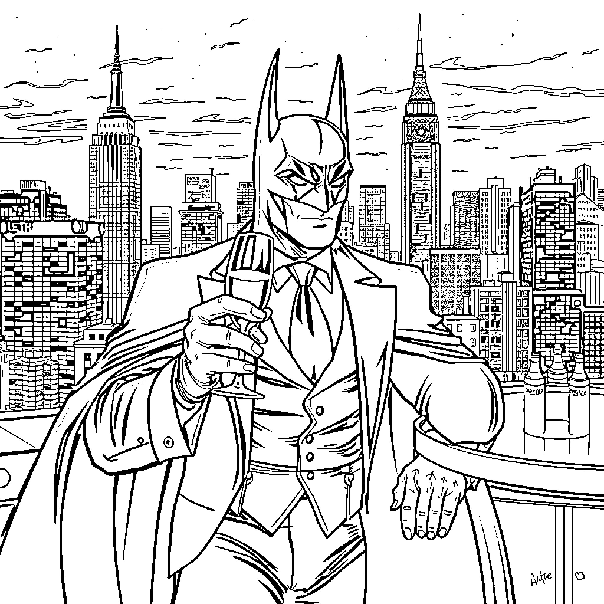 Batman overlooking the bustling city skyline Coloring Page (free black-and-white line drawing printable PDF for all, from beginners to advanced learners, including children, teens, adults, and seniors)