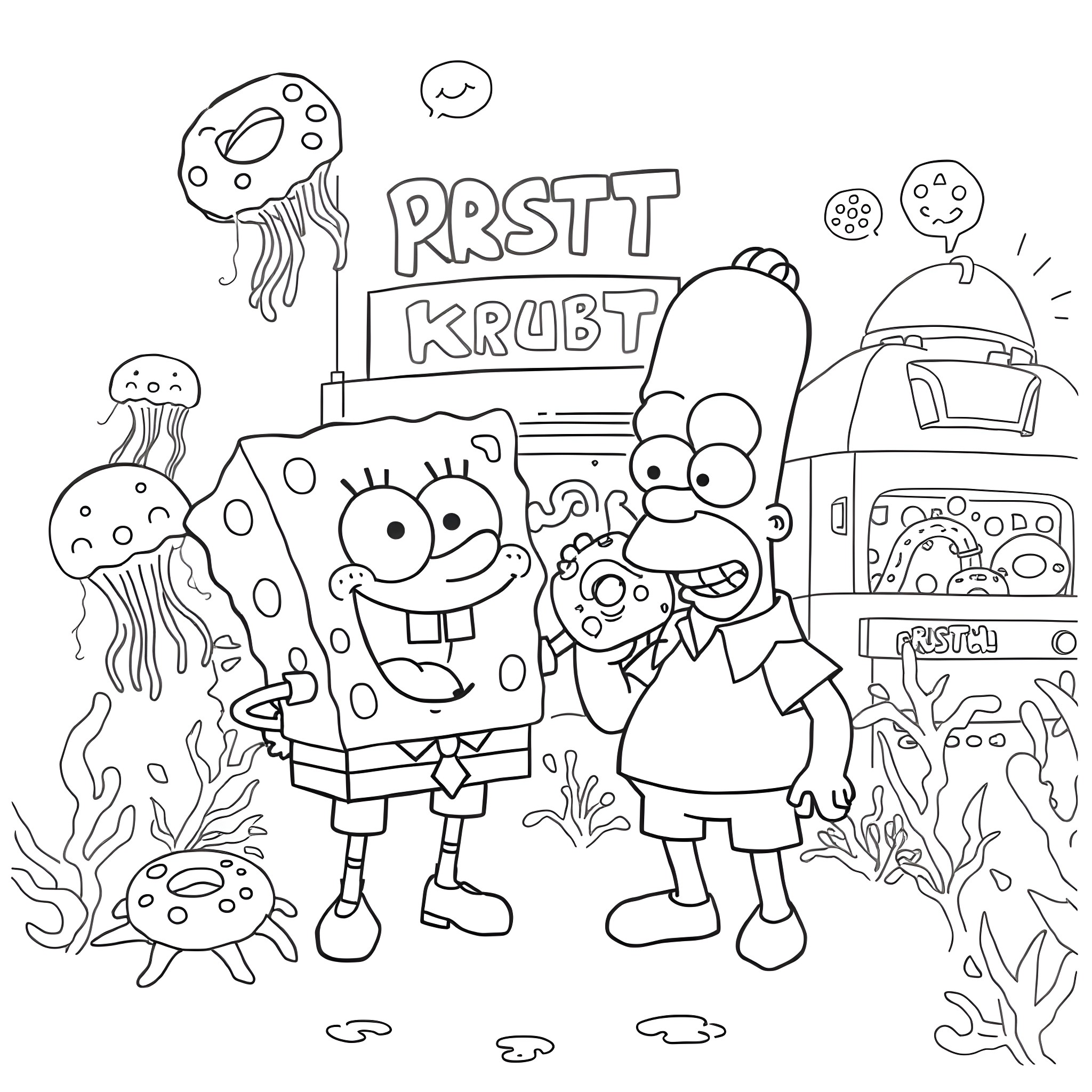 Spongebob and friends in an underwater adventure Coloring Page (free black-and-white line drawing printable PDF for all, from beginners to advanced learners, including children, teens, adults, and seniors)