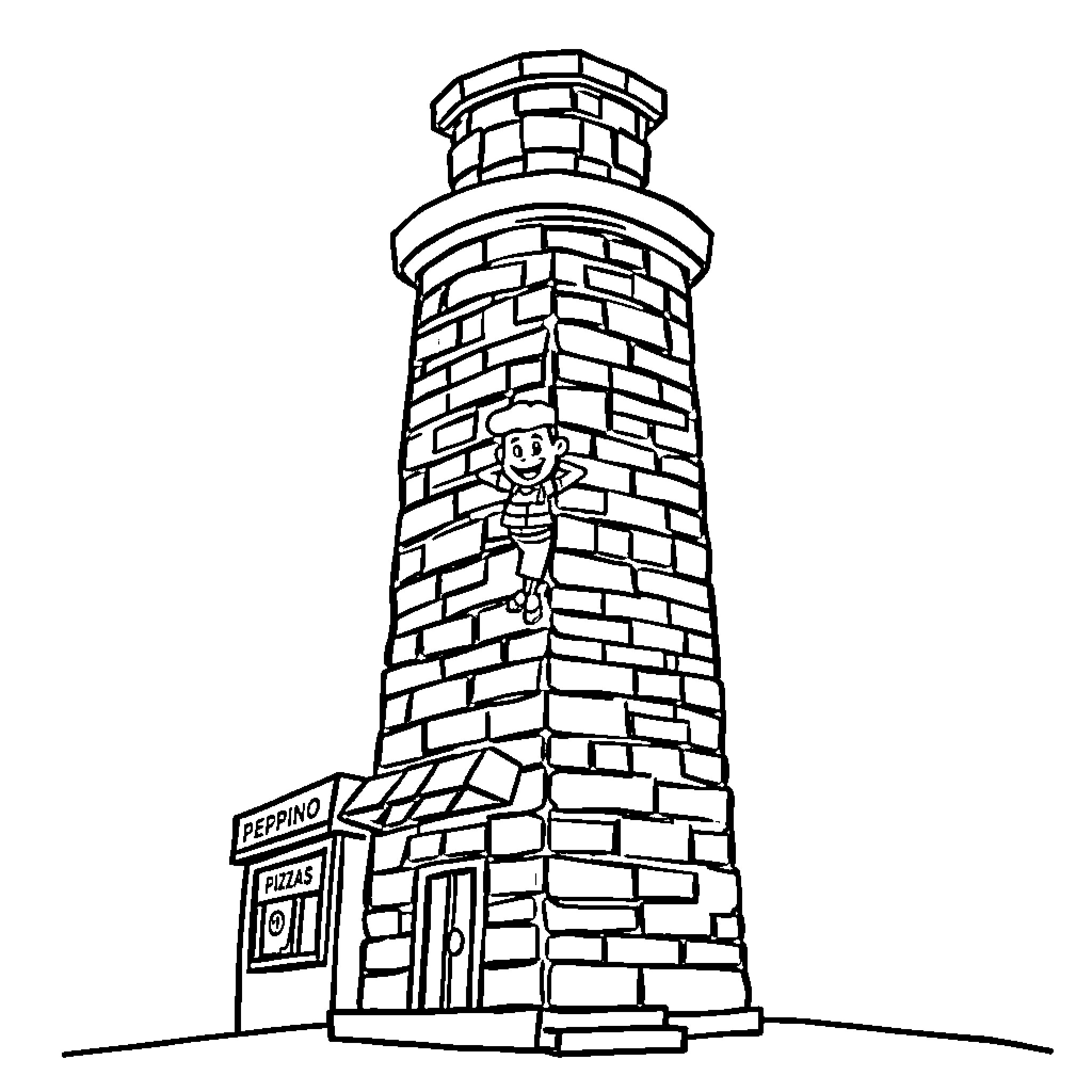 Pizza Tower with Brick Lighthouse and Character Coloring Page (free black-and-white line drawing printable PDF for all, from beginners to advanced learners, including children, teens, adults, and seniors)