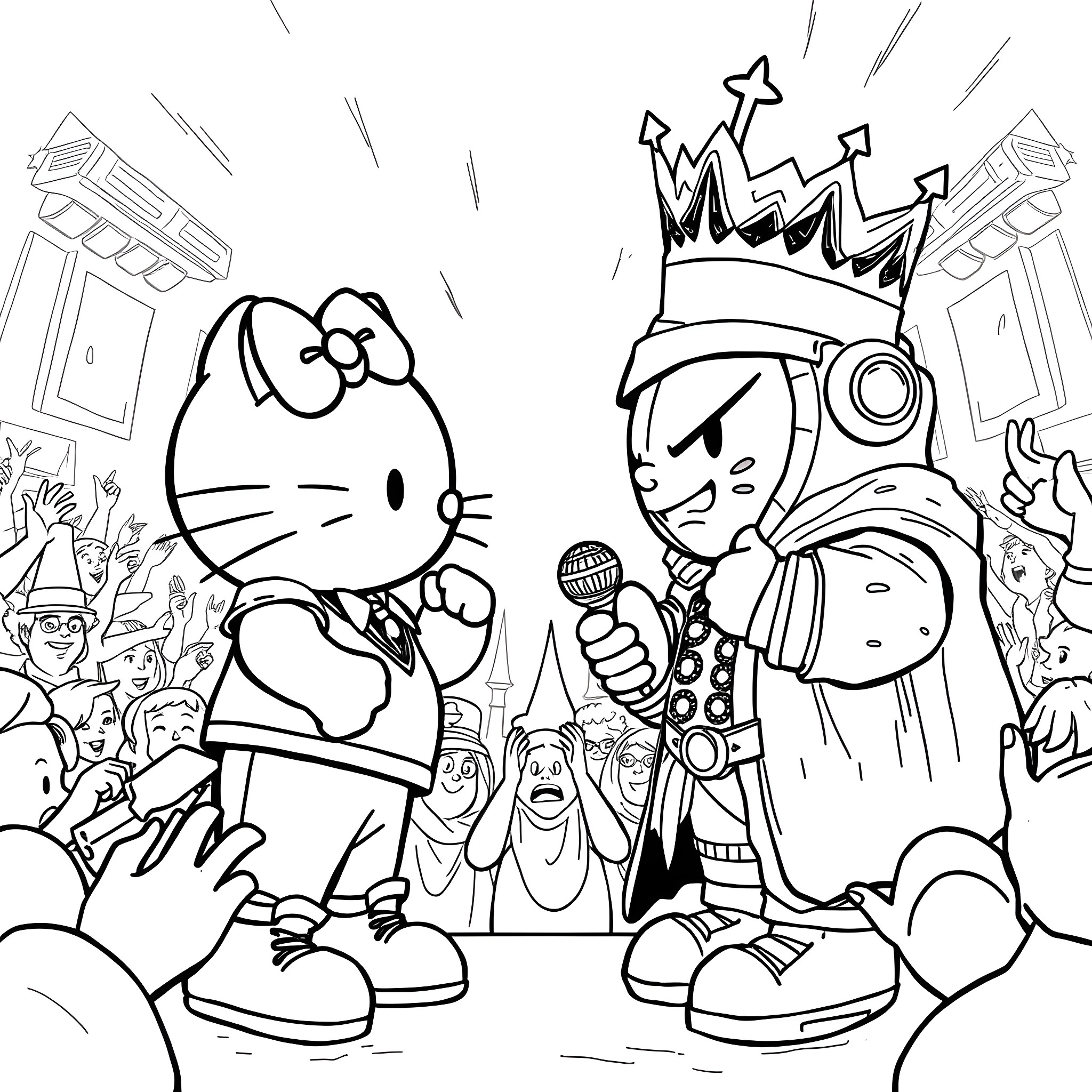 Hello Kitty Performs on Stage with Regal Companion Coloring Page (free black-and-white line drawing printable PDF for all, from beginners to advanced learners, including children, teens, adults, and seniors)