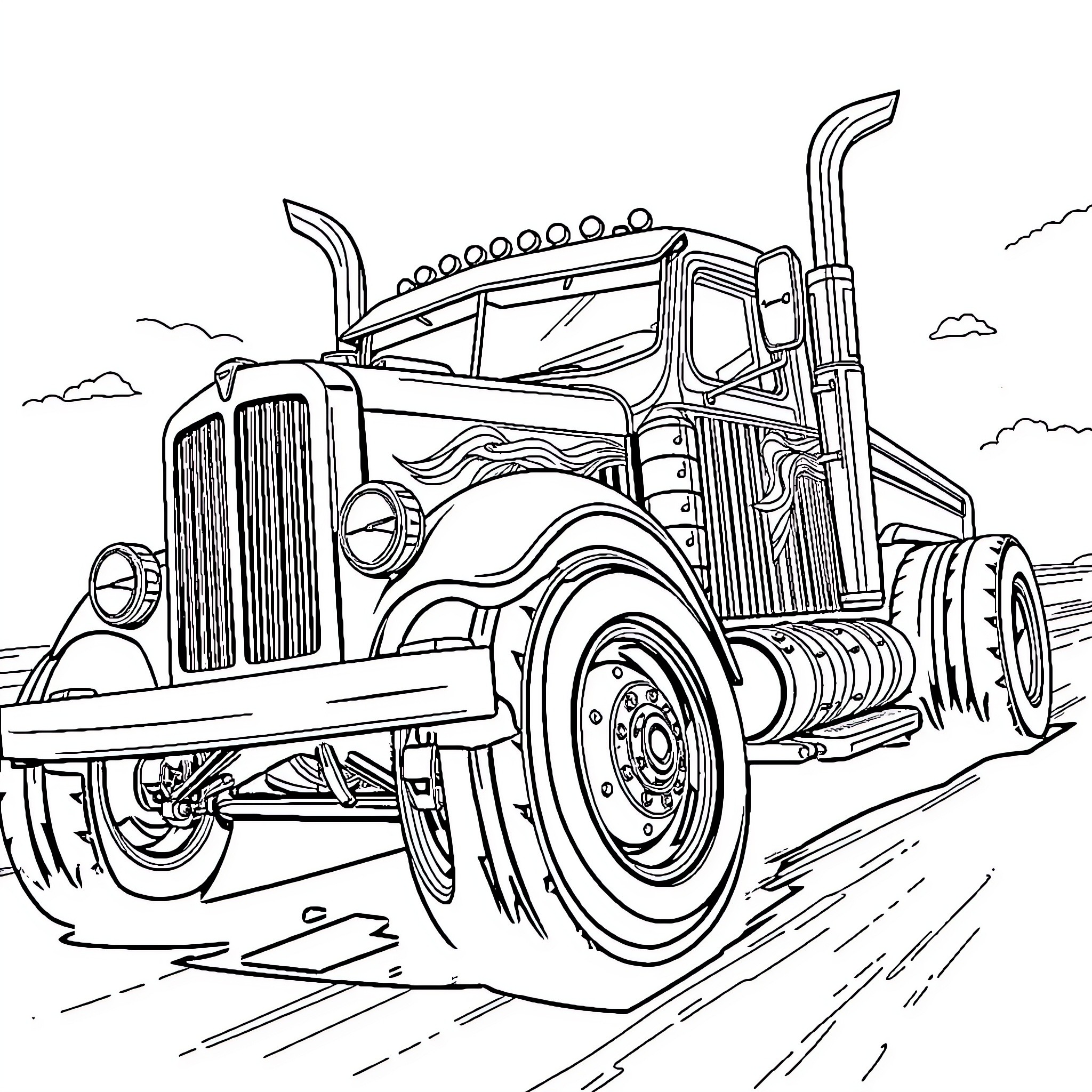 Fuel Truck Carrying Heavy Load on Rugged Terrain Coloring Page (free black-and-white line drawing printable PDF for all, from beginners to advanced learners, including children, teens, adults, and seniors)