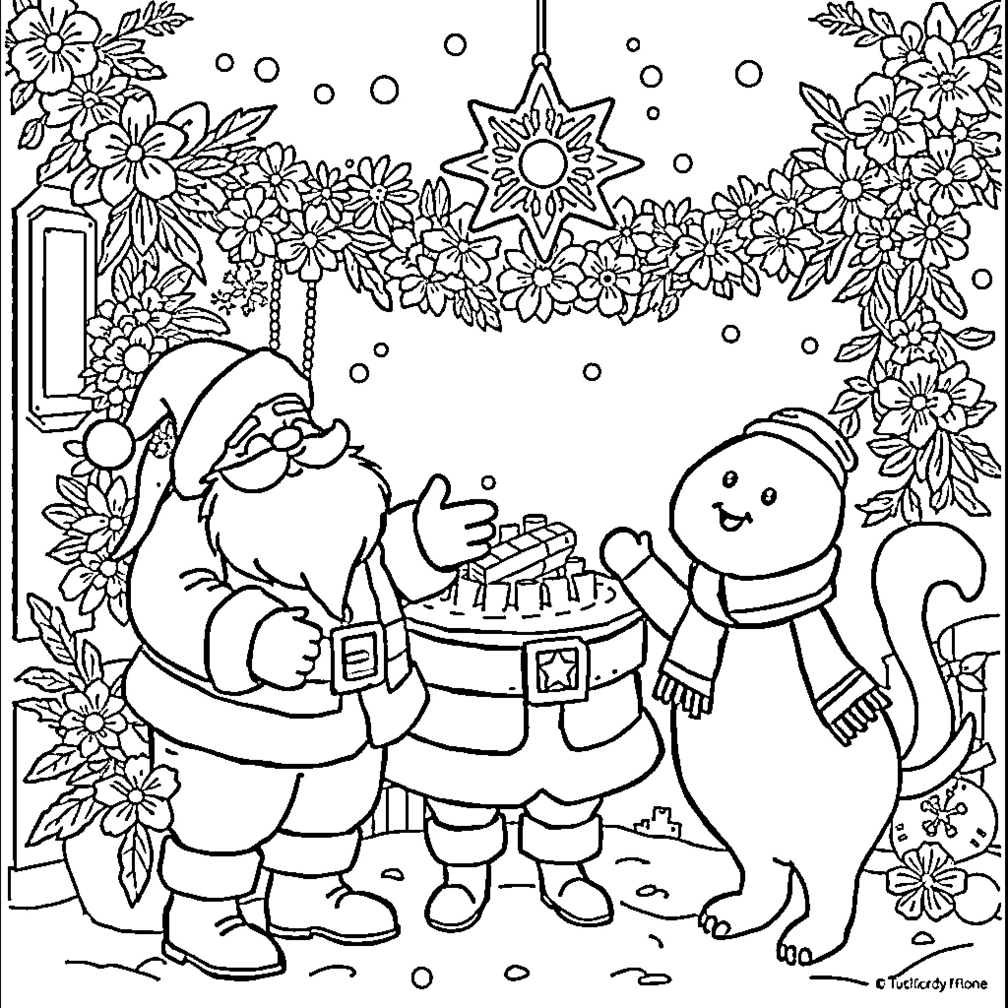 Navidad with Santa and Snowman sharing gifts Coloring Page (free black-and-white line drawing printable PDF for all, from beginners to advanced learners, including children, teens, adults, and seniors)