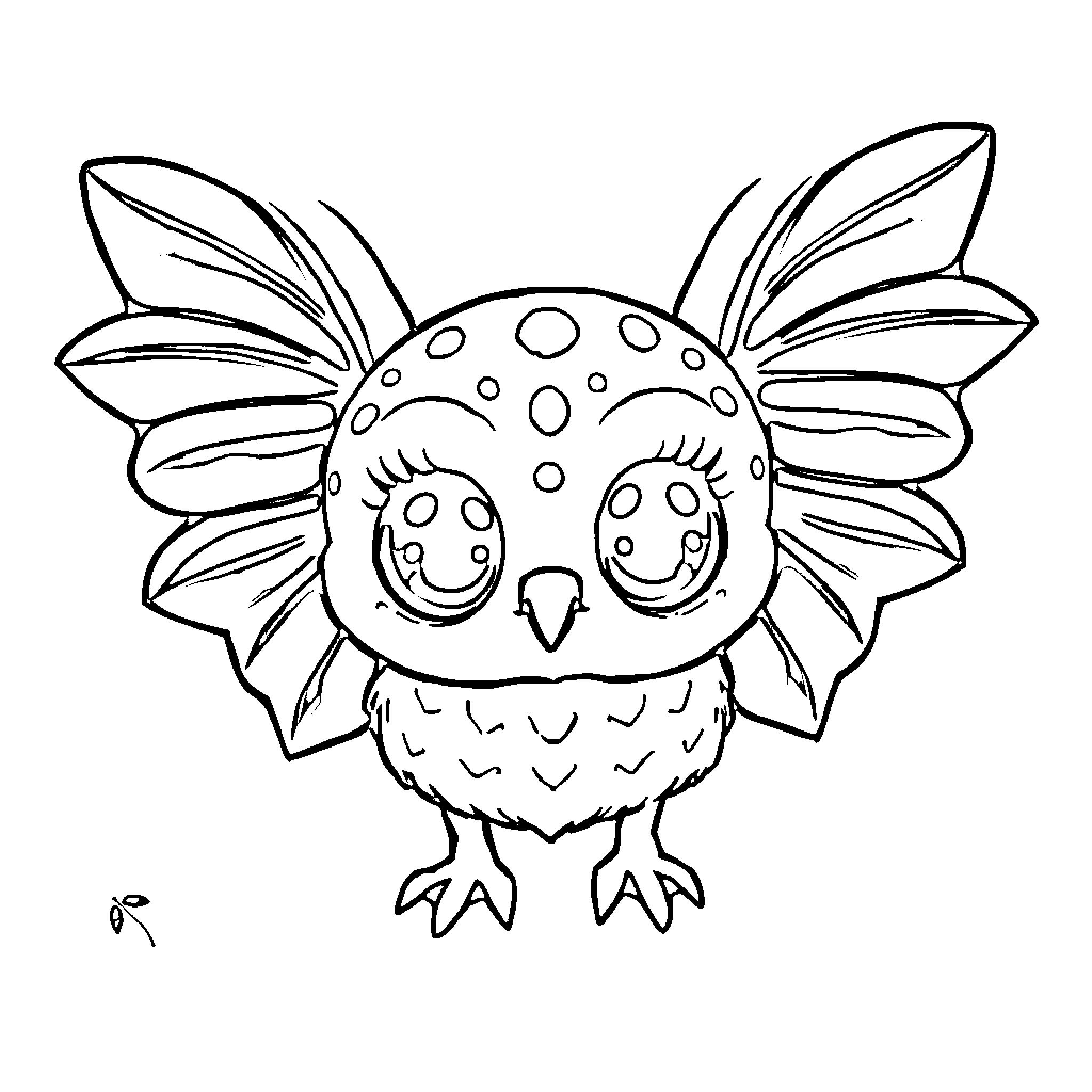 Spider-themed Owl with Whimsical Expression Coloring Page (free black-and-white line drawing printable PDF for all, from beginners to advanced learners, including children, teens, adults, and seniors)