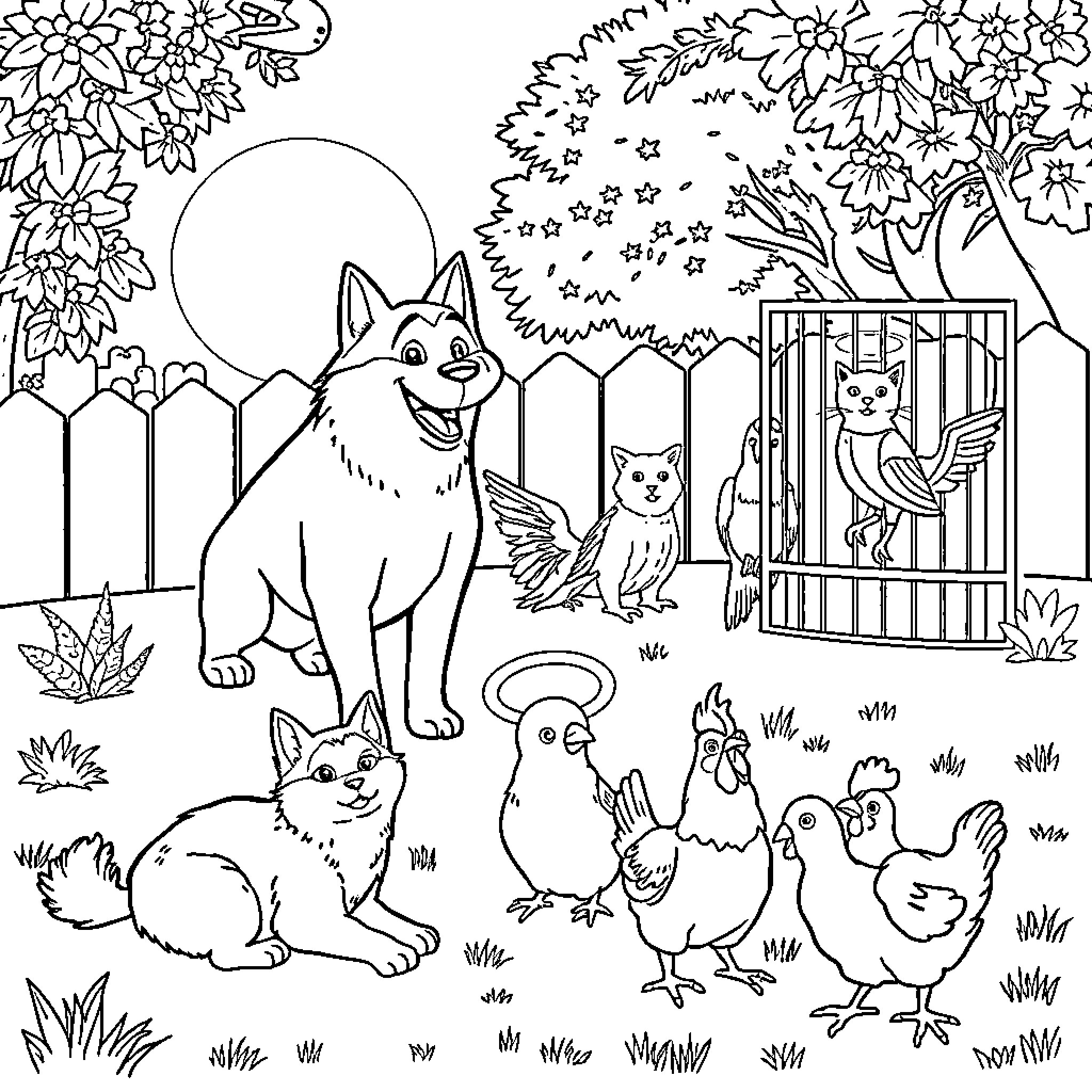 Husky dogs and barnyard animals in nature scene Coloring Page (free black-and-white line drawing printable PDF for all, from beginners to advanced learners, including children, teens, adults, and seniors)