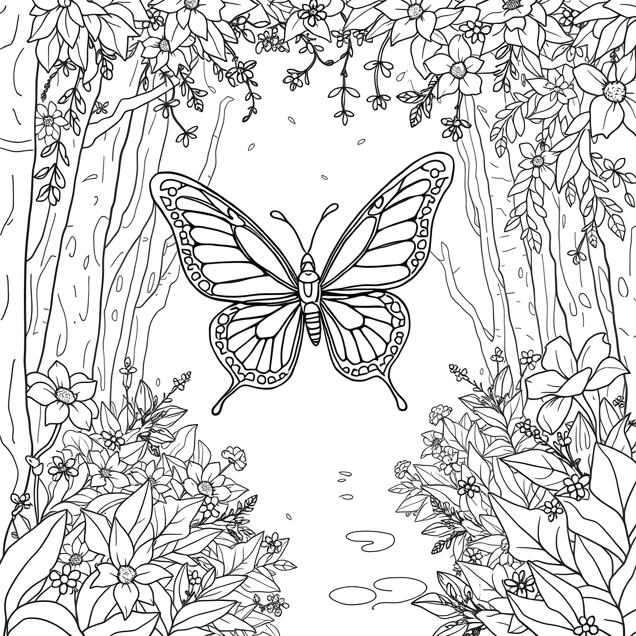 Butterfly amidst beautiful floral nature Coloring Page (free black-and-white line drawing printable PDF for all, from beginners to advanced learners, including children, teens, adults, and seniors)