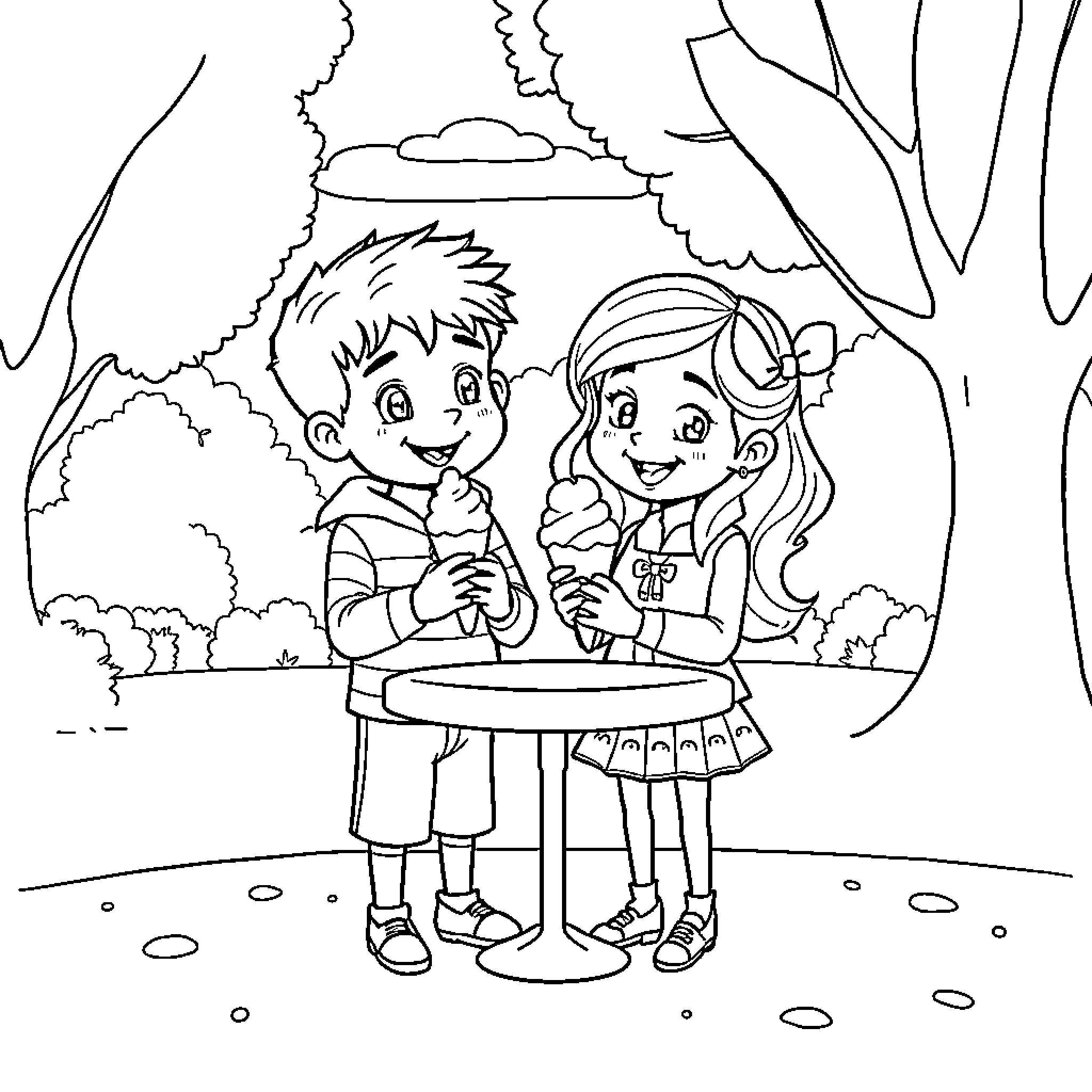Ben and Amy enjoying ice cream on a sunny day Coloring Page (free black-and-white line drawing printable PDF for all, from beginners to advanced learners, including children, teens, adults, and seniors)