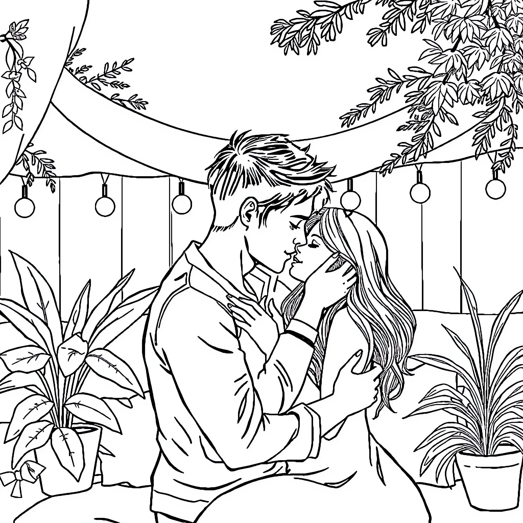 Human couple enjoying intimate moment in garden Coloring Page (free black-and-white line drawing printable PDF for all, from beginners to advanced learners, including children, teens, adults, and seniors)