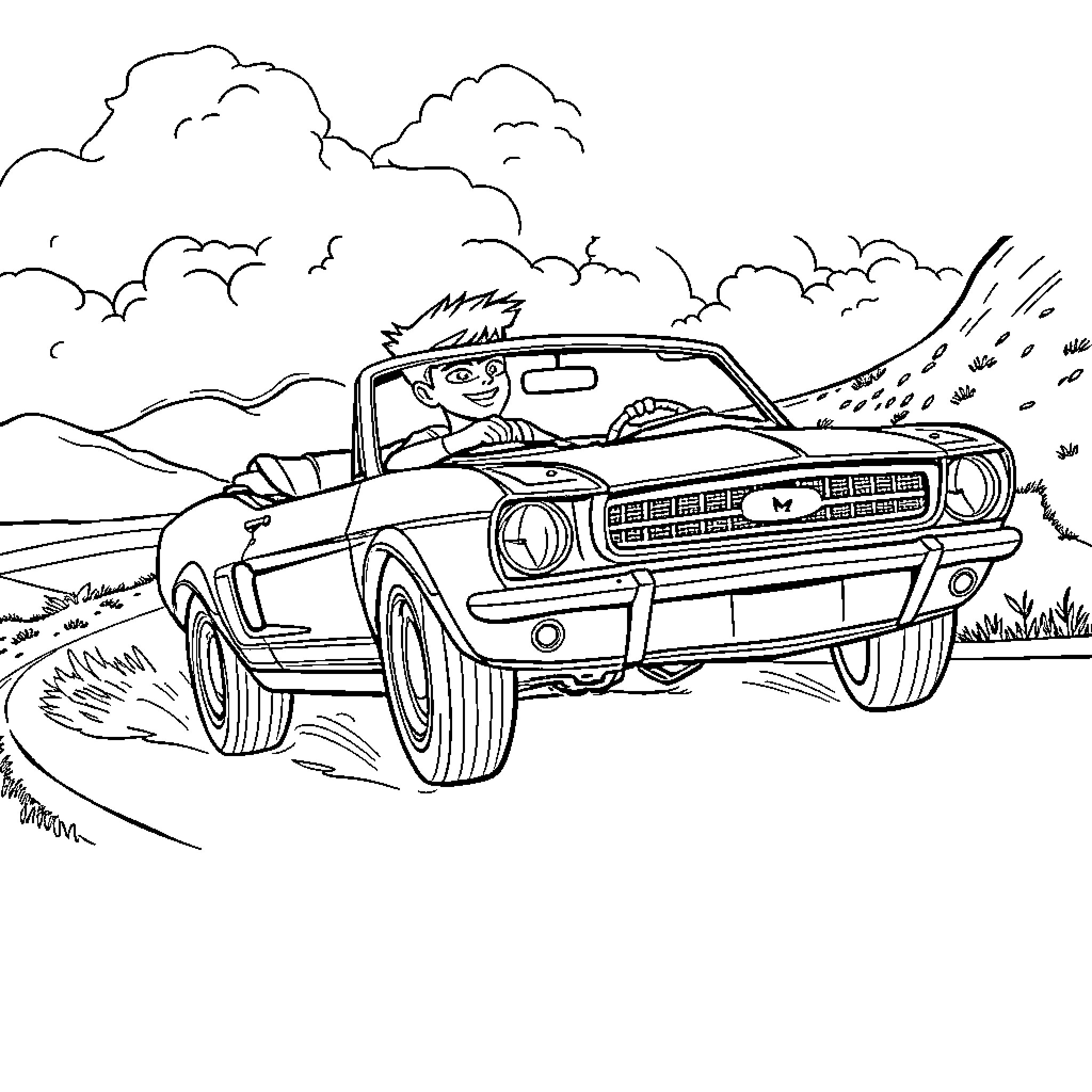 Racer speeding through the countryside in vintage car Coloring Page (free black-and-white line drawing printable PDF for all, from beginners to advanced learners, including children, teens, adults, and seniors)